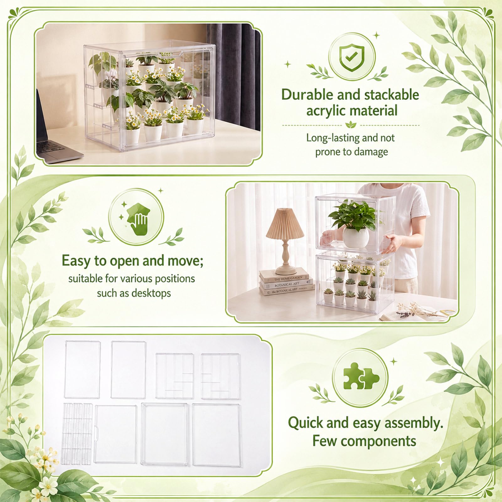 Novabright Mini-Gewächshäuser aus transparentem Acryl für den Innenbereich, mit 3 Regalen, 36,7 x 22,6 x 27,6 cm, stapelbare Tischpflanzen-Anzuchtkästen für Samenstart, Kräuterzucht und kleine