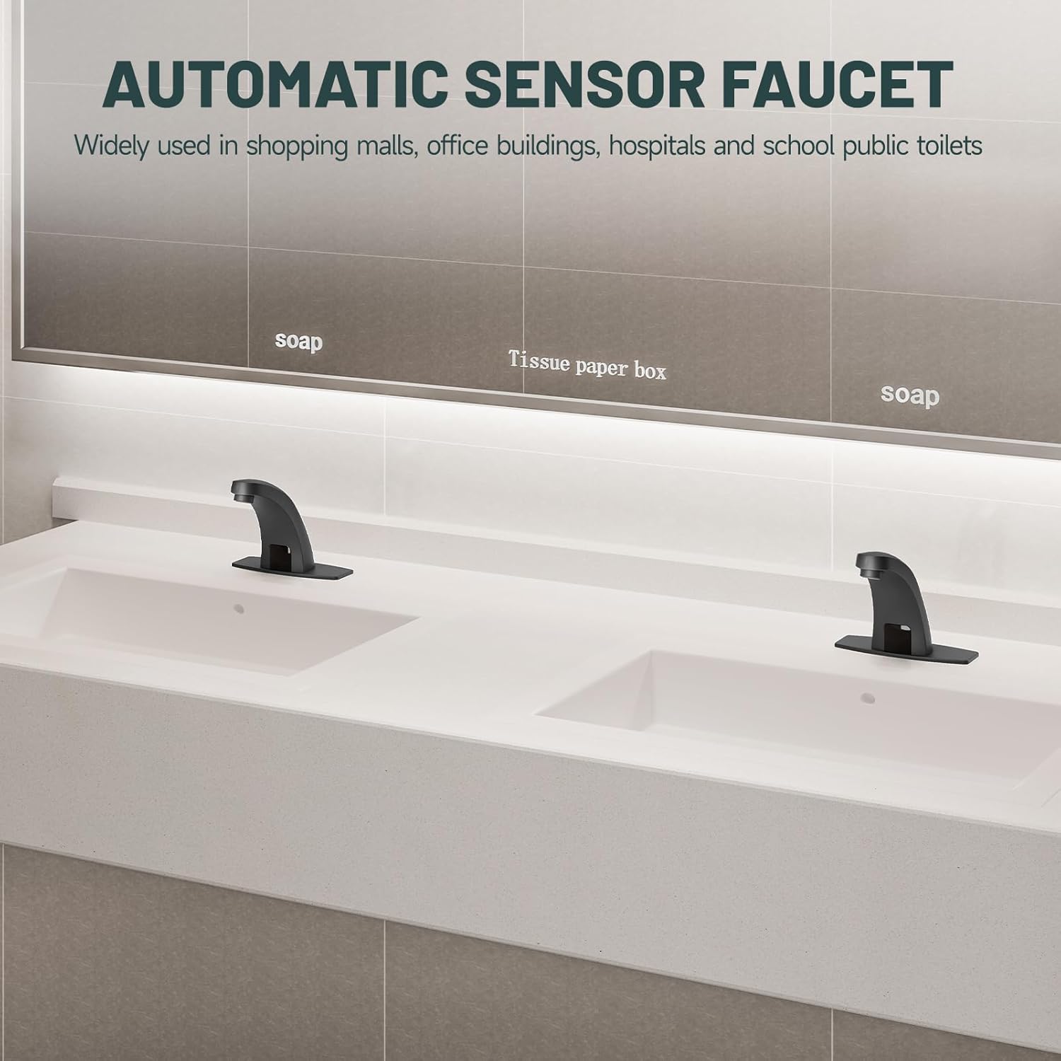 Touchless Bathroom Sink Faucets, Greenspring Automatic Faucet Bathroom Commercial Motion Sensor Faucet Battery or Plug-in Powered with Control Box and Temperature Mixer, Black