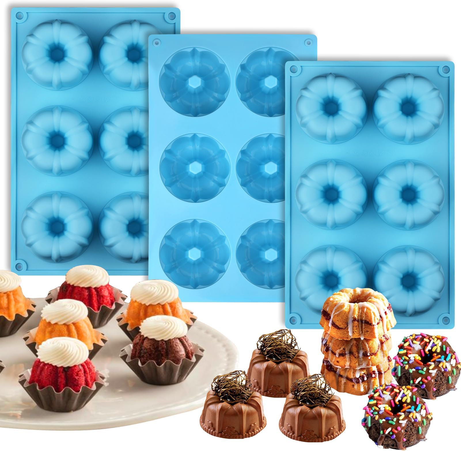 Palksky Mini Fluted Tube Pan Silicone 6-Cavity(3PCS), Multi-Cavity small Cake Baking Pan, mini moldes para chocoflan