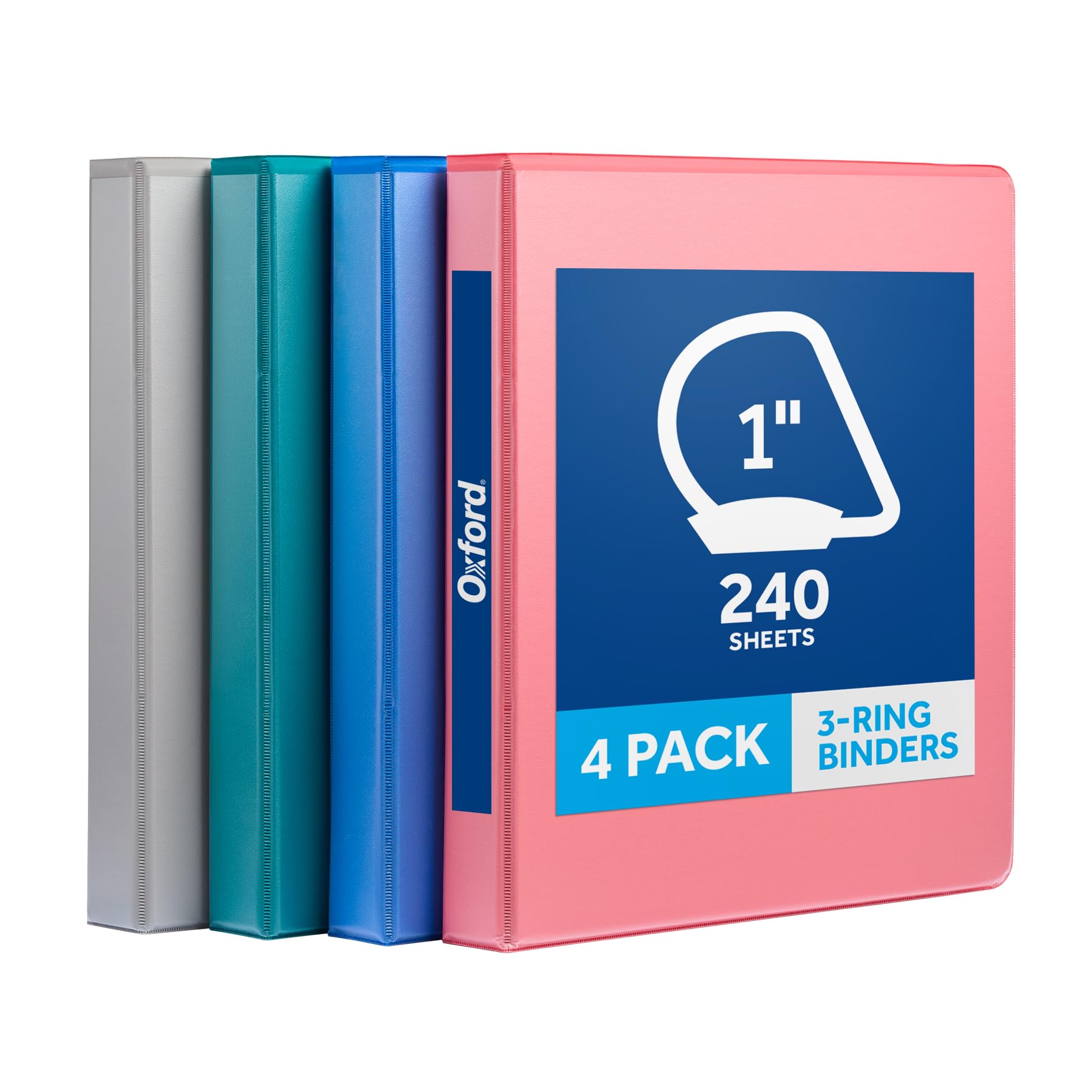 Oxford 1 Inch 3 Ring Binders, 4 Pack, Assorted Colors, Holds 240 Sheets