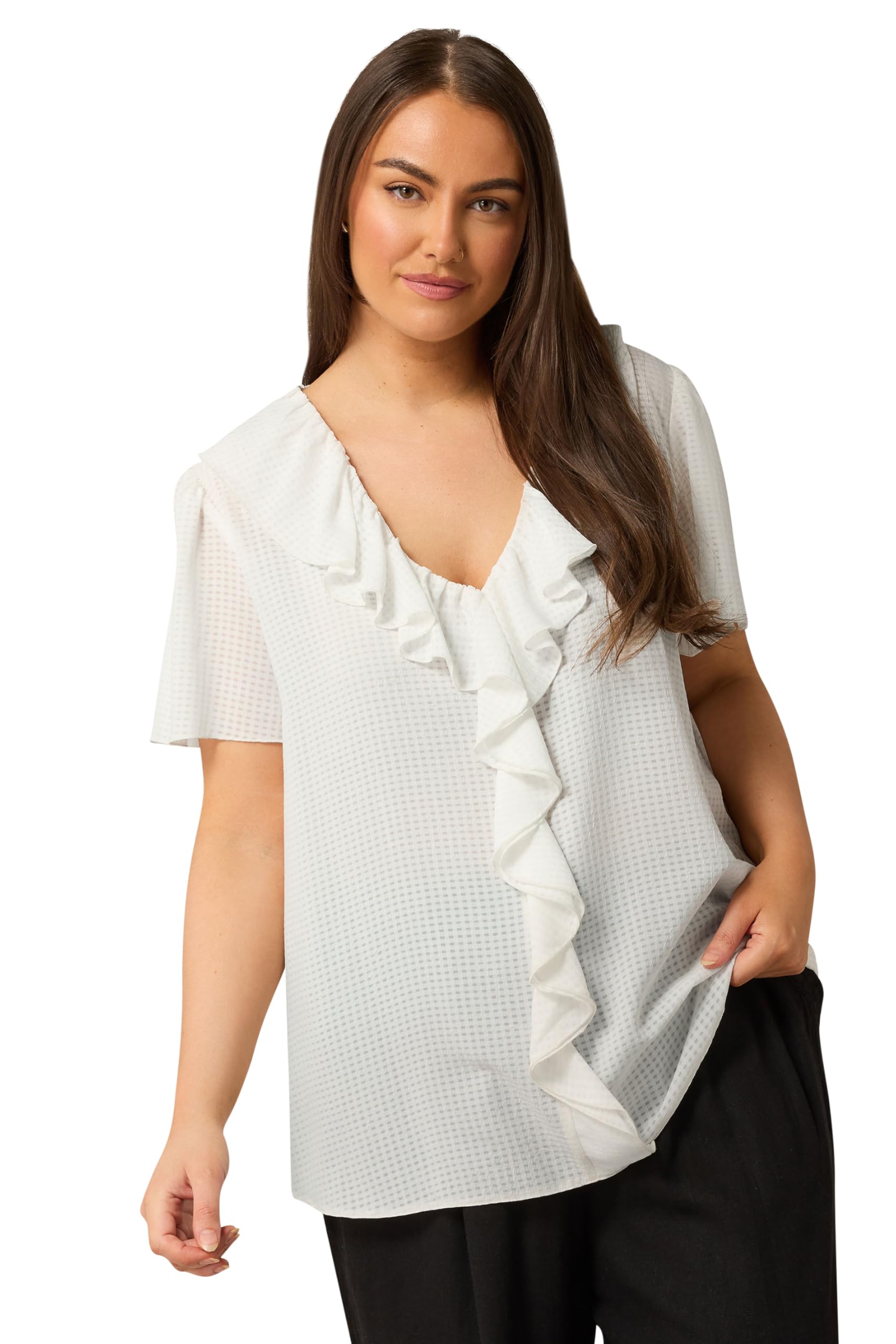 Evans Ruffle Neck Blouse White Linen Short Sleeve Size 20