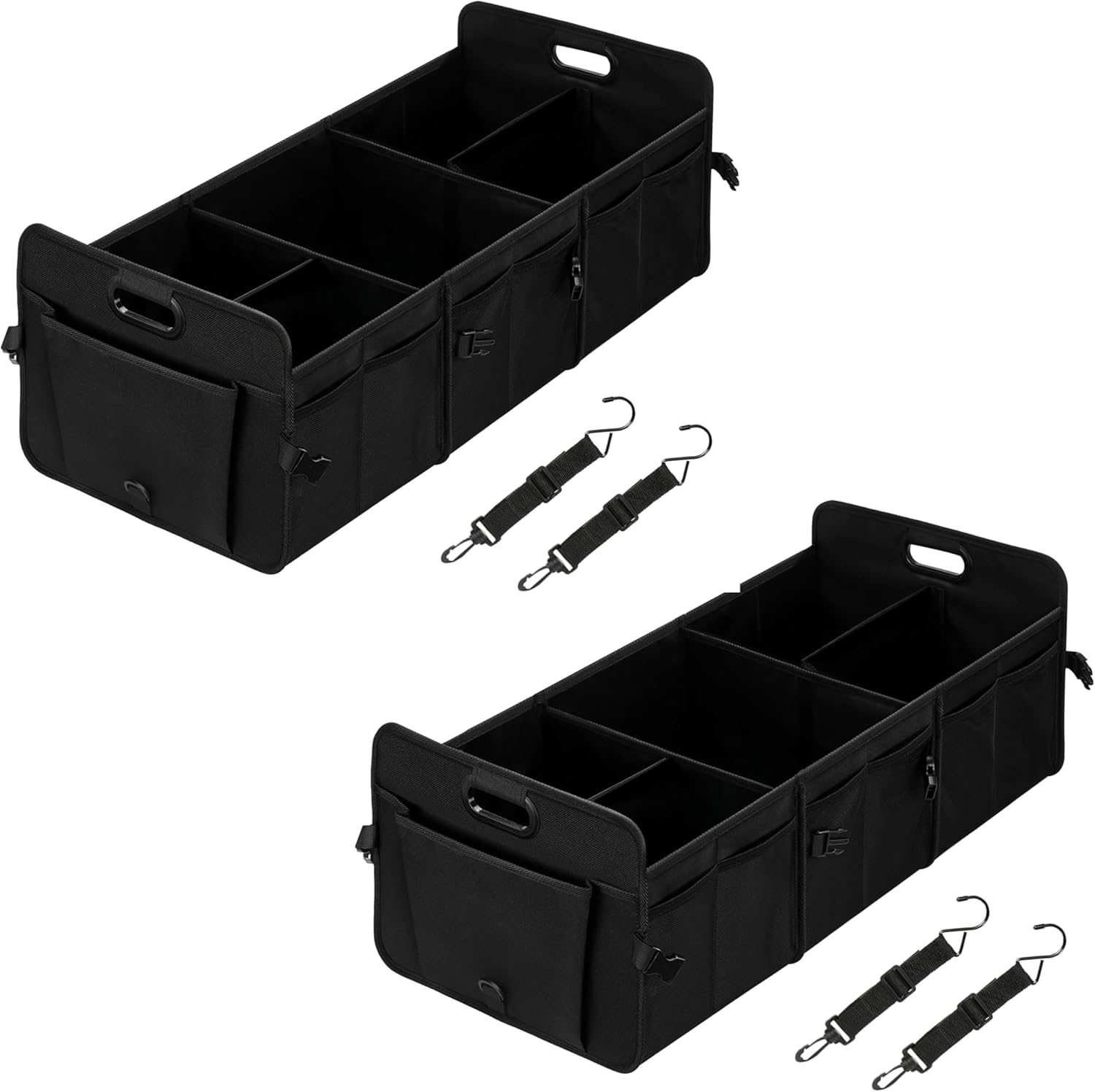 Simple Deluxe Car Trunk Organizer, Multi Compartments Collapsible Trunk Storage, Anti-slip, Waterproof 600D Oxford Polyester, with Adjustable Straps for SUV, Truck, Large Size, Black, 2 Pack