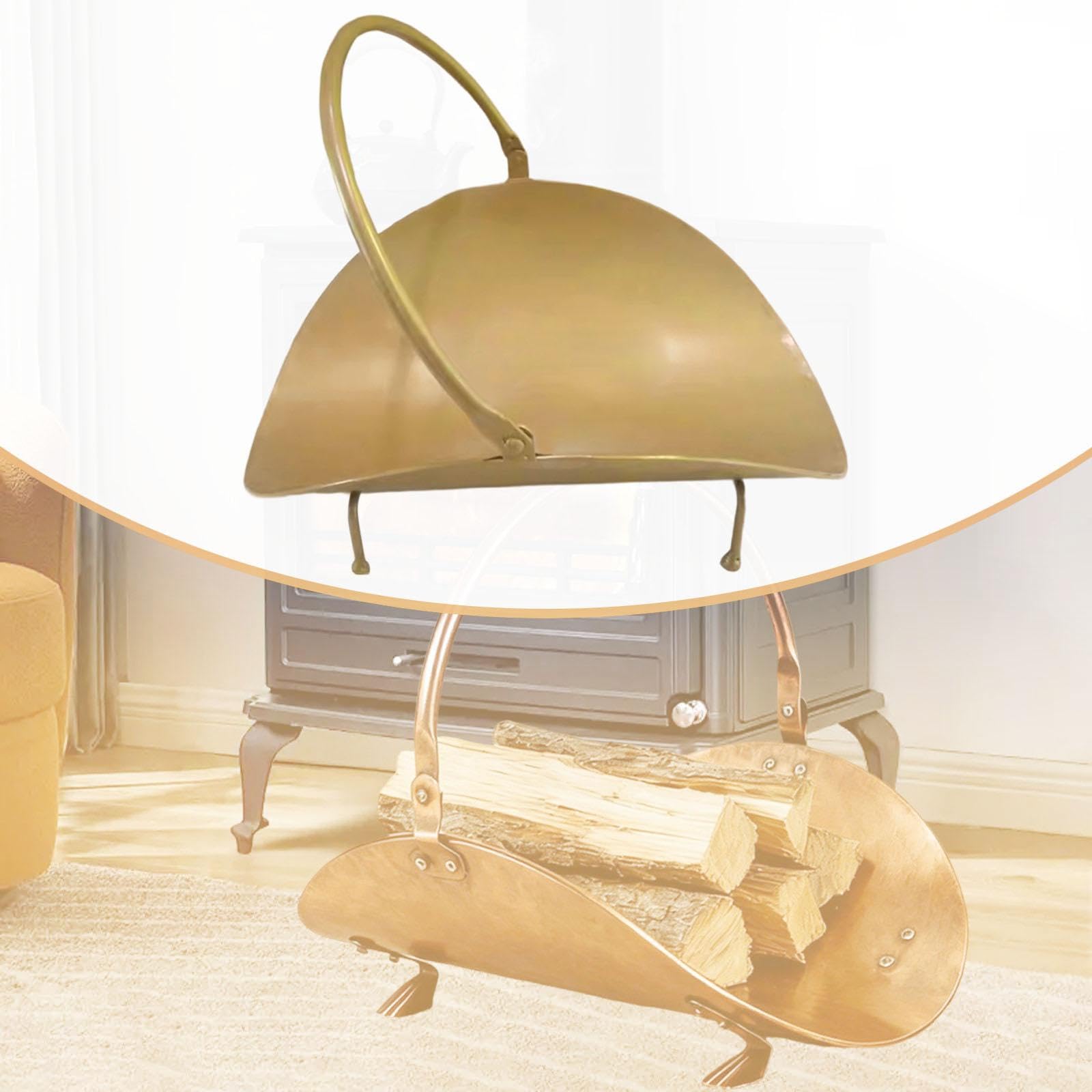 Milageto Soporte para leña para Chimenea, Cesta para leña, Soporte para apilar leña, Resistente, para Interiores, con asa, Accesorio Europeo para Chimenea, Oro