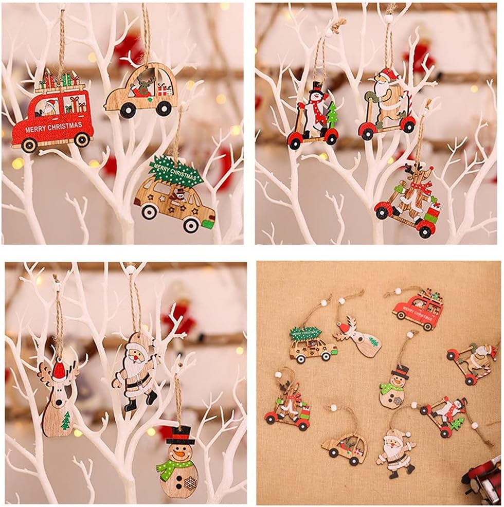 9pcs/Box Christmas Car Wooden Pendants Xmas Tree Hanging Ornaments Christmas Decorations for Home (Color : C Size (A