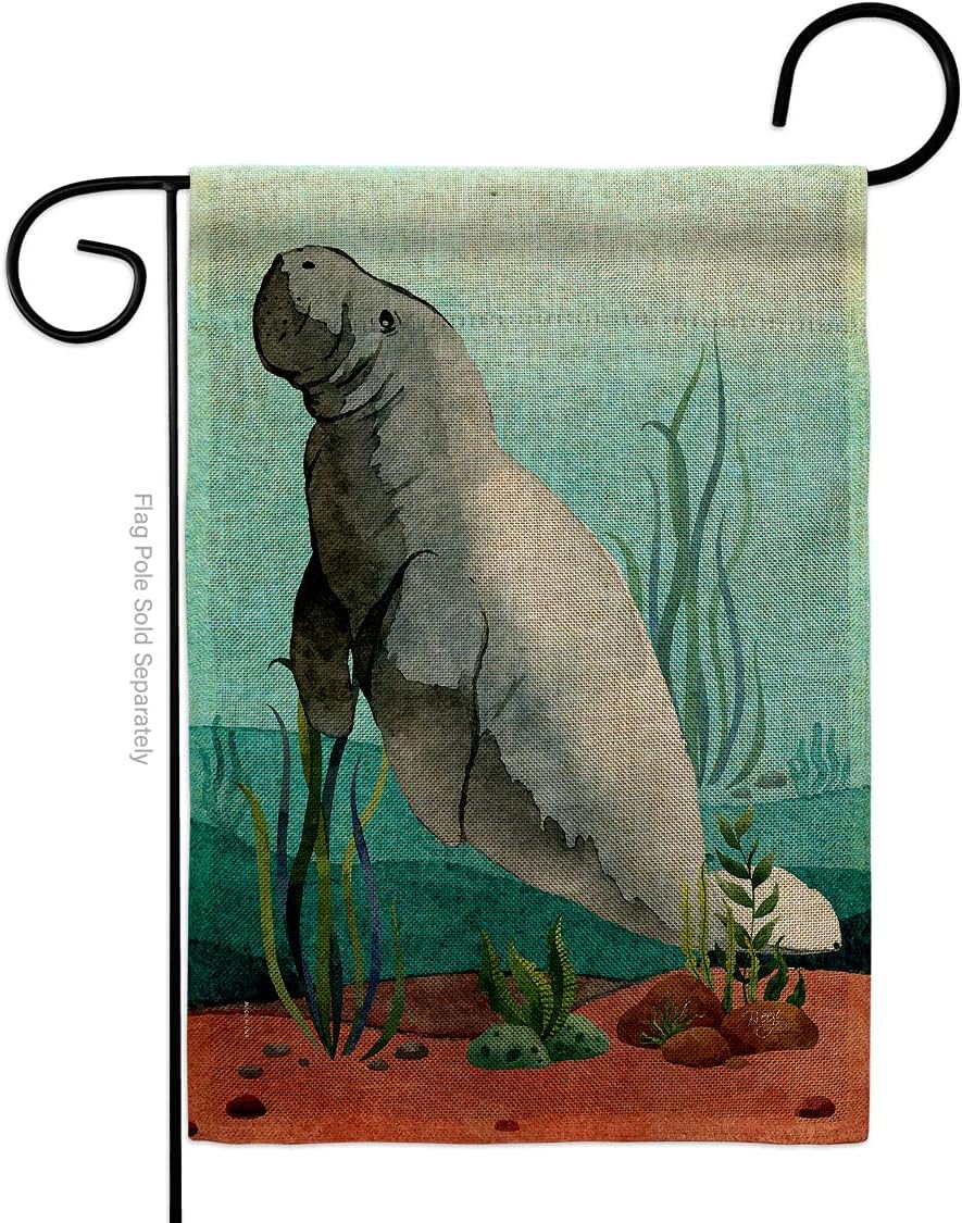 Manatees Garden Flag Set Wall Holder Animals Sea Creature Nautical Ocean Fish Outdoor Summer Marine Small Decorative Gift Yard House Banner Made In USA 13 X 18.5