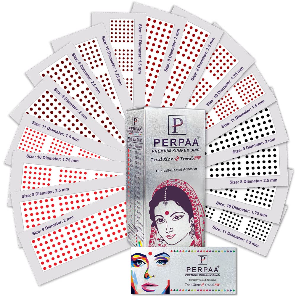 PERPAA Premium Velvet Sticker Kumkum Bindi Box of 16 Flaps Multicolor,Different Size- Bindi for Women,Ladies (Size - 09-2mm, 10-1.75mm, 11-1.5mm, 08-2.5mm, Red,Black,Dark Maroon,Light Maroon)-image-27