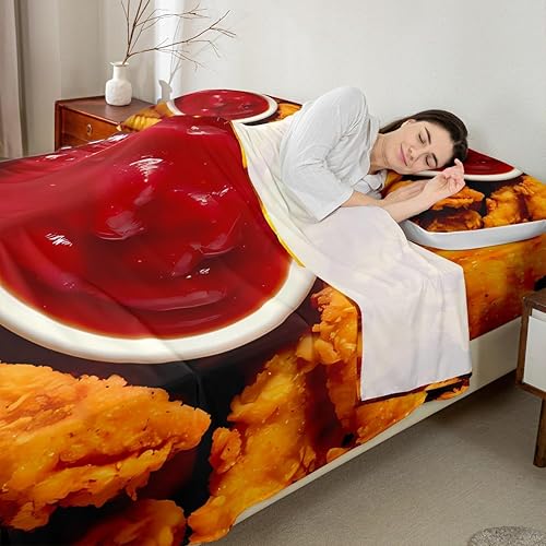 Miniatura 3 de Feelyou Juego de sábanas de pollo y comida tamaño individual, sábanas de papas fritas con bolsillo profundo, juego de sábanas ajustables para niños