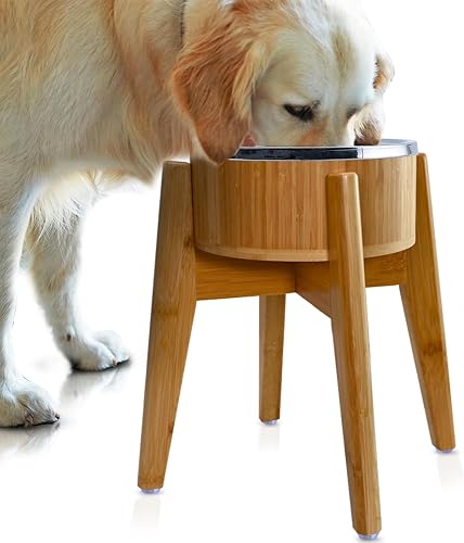 Raised Dog Bowl - Elevated Dog Bowls, Dishes for Large Breeds, Made of Bamboo and Stainless Steel - [15-inch High, 9.5 Wide]