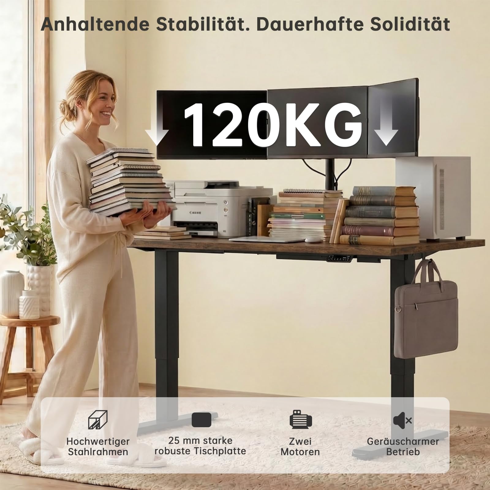 Devoko Höhenverstellbarer Schreibtisch mit 2 Motoren，25mm Einteilige Tischplatte, 160x80 cm Elektrisch Computertisch mit Kabel Management, Vintagebraun - Perfekte Ergonomie für Dein Büro