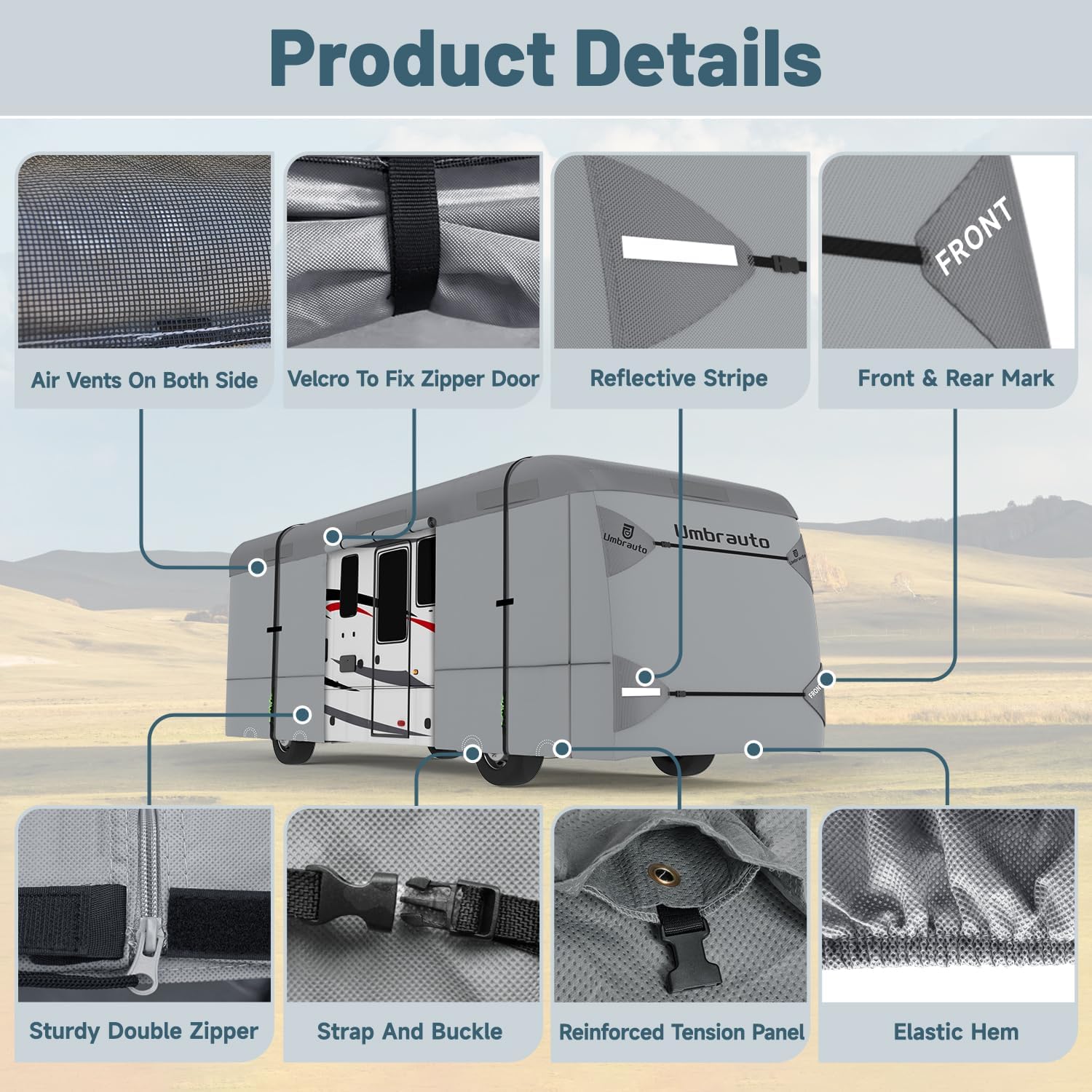 Umbrauto Class A RV Cover 2024 Upgraded 7 Layers Sunproof Motorhome Cover Windproof Camper Cover Fits 40' to 43' Motorhome with 2Pcs Extra Straps, Adhesive Repair Patches, 6 Gutter Covers