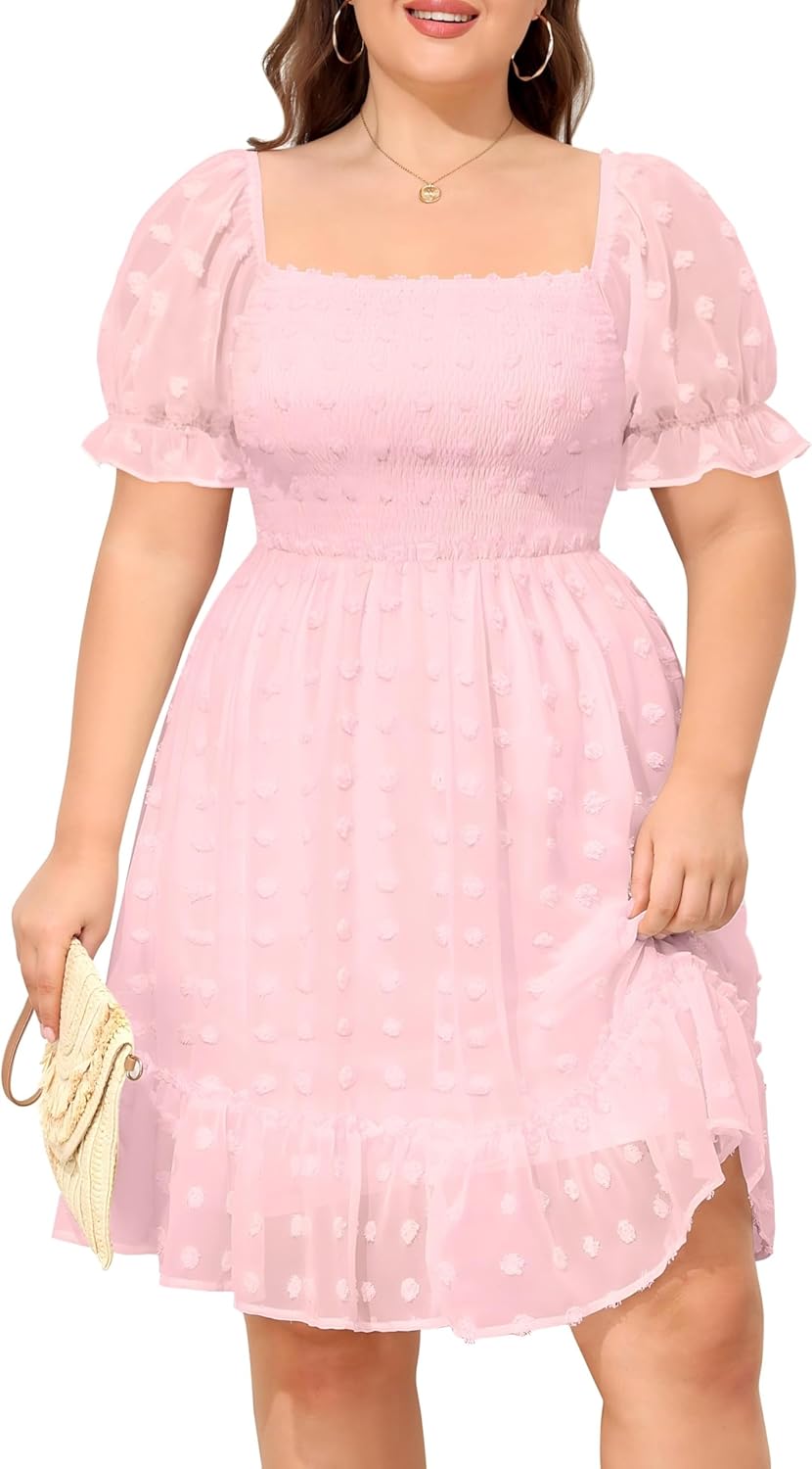 Talisea Plus Size Square Neck Graduation Summer Casual Sundress Chiffon Swiss Dot Ruffle Flowy Short Smocked Dress