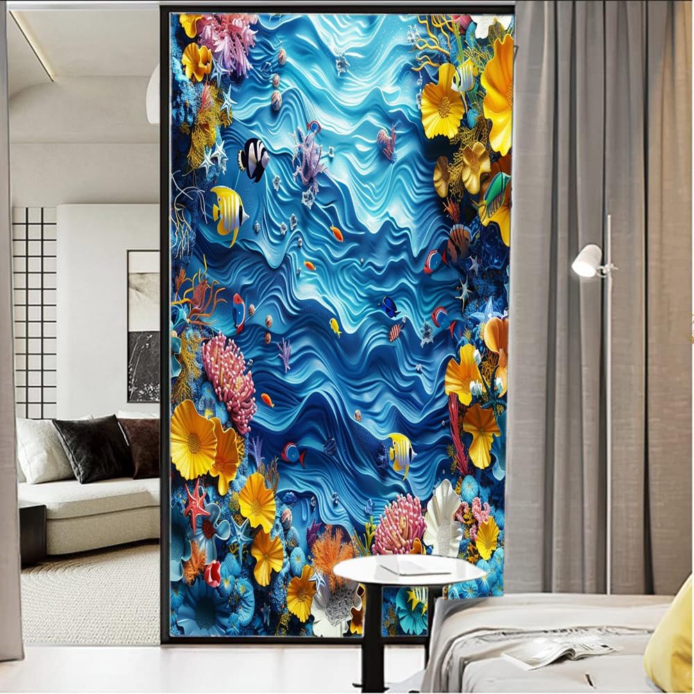 Abstract Ocean Window Film Privacy Underwater Fish Rustic Coral Flower Window Privacy Film Self-Adhesive Glass Film Decorative Sticker Frosted for Home Bathroom 35.4Wx63L-inch