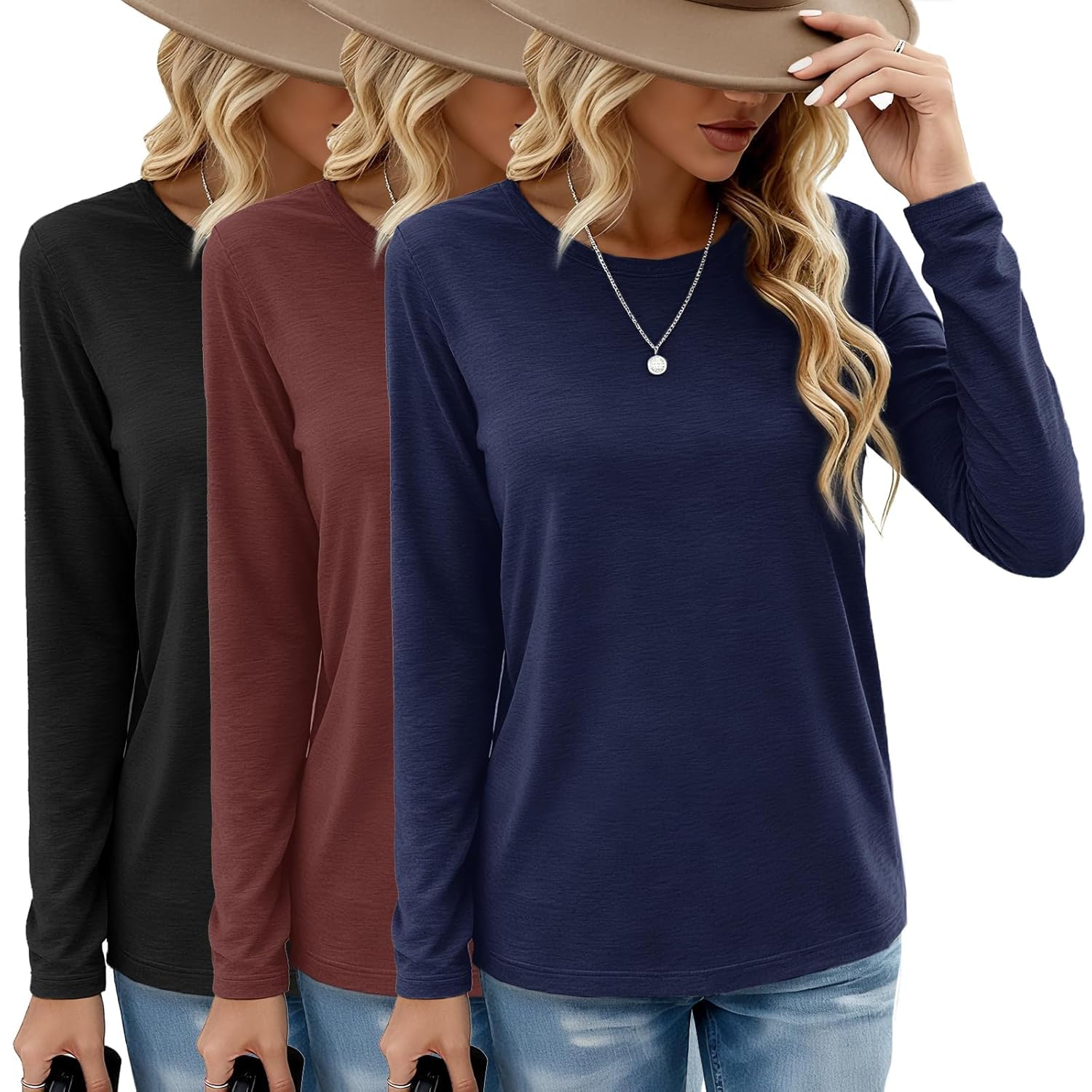 GAYHAY 3 Pack Long Sleeve Shirts for Women - Loose Fit Crew Neck Basic Tees Fall Tops Outfits