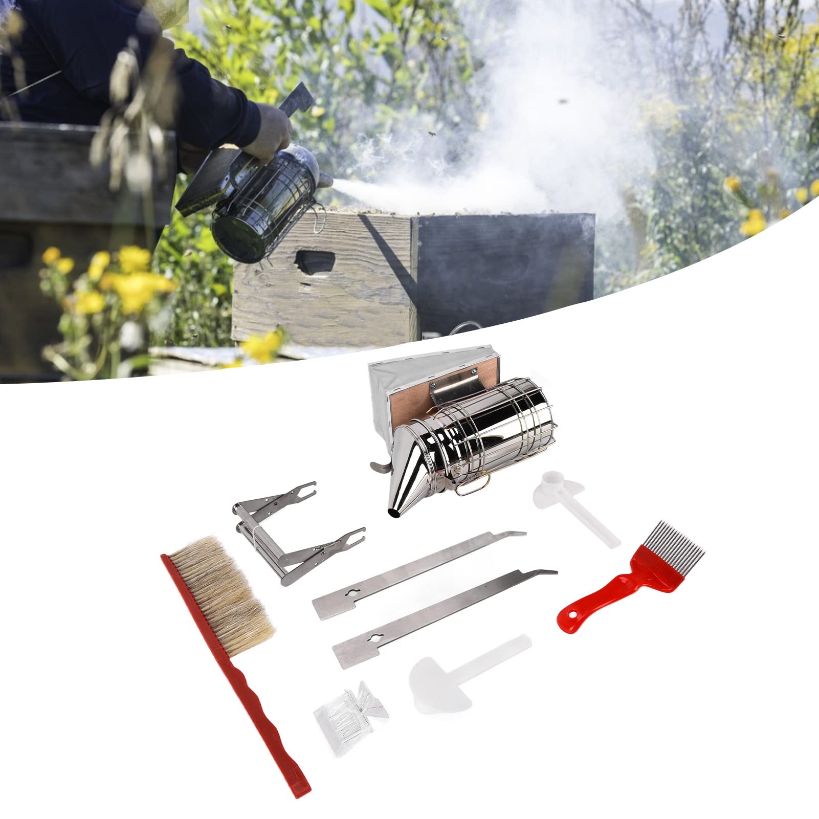 Kit de Herramientas de Suministros de Apicultura, 10 Piezas de Suministros de Apicultura Kit de Inicio de Apicultor, Kit de Ahumador de Abejas que Incluye Herramientas de Colmena para Apicultor Necesa