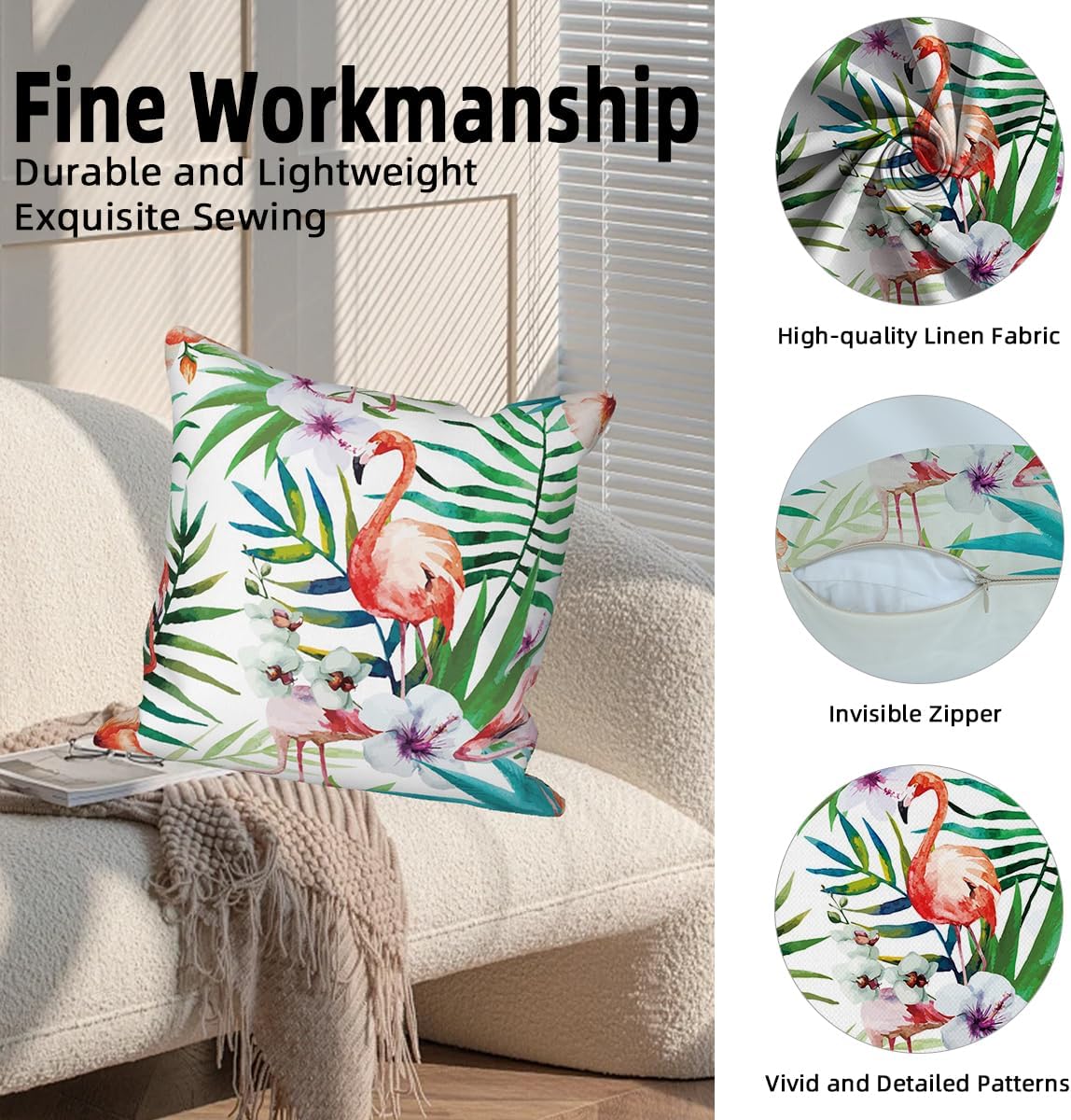 4 Pcs/Set Flamingo Pillow Covers Summer Palm Tree Green Leaves Pineapples Birds Tropical Nature Plants Linen Throw Cushion Cases for Couch Sofa Bedroom Decorative, 20""x20"", Patchwork 3