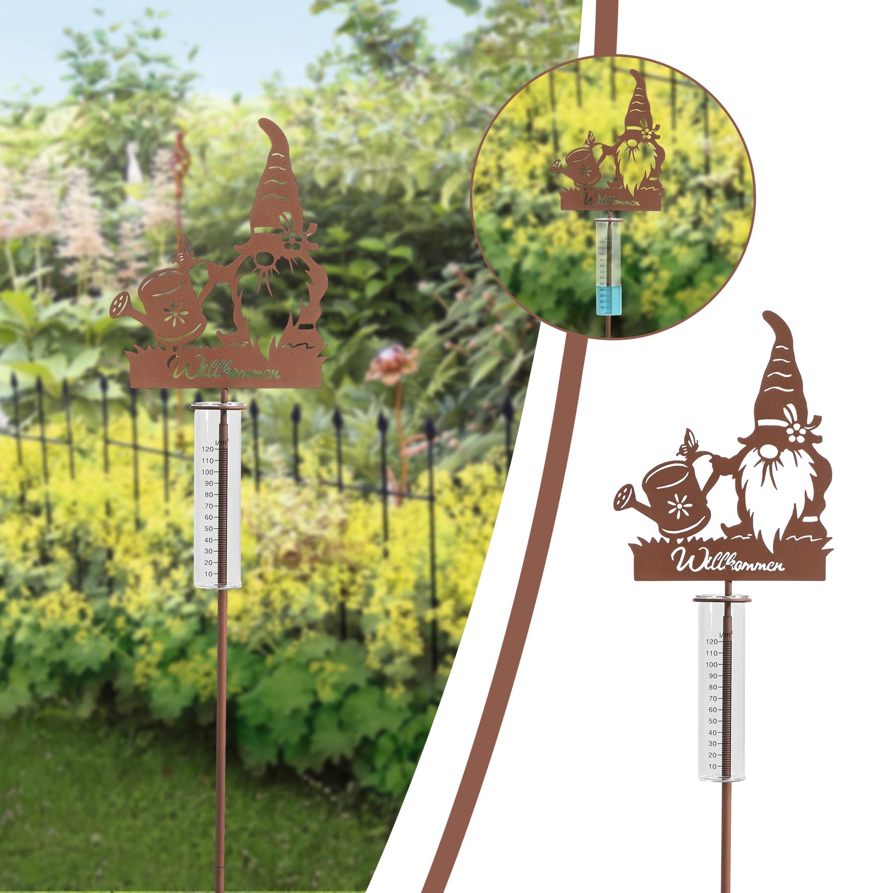 Pluviometro da giardino decorativo 100 cm vetro con picchetto e nano benvenuto