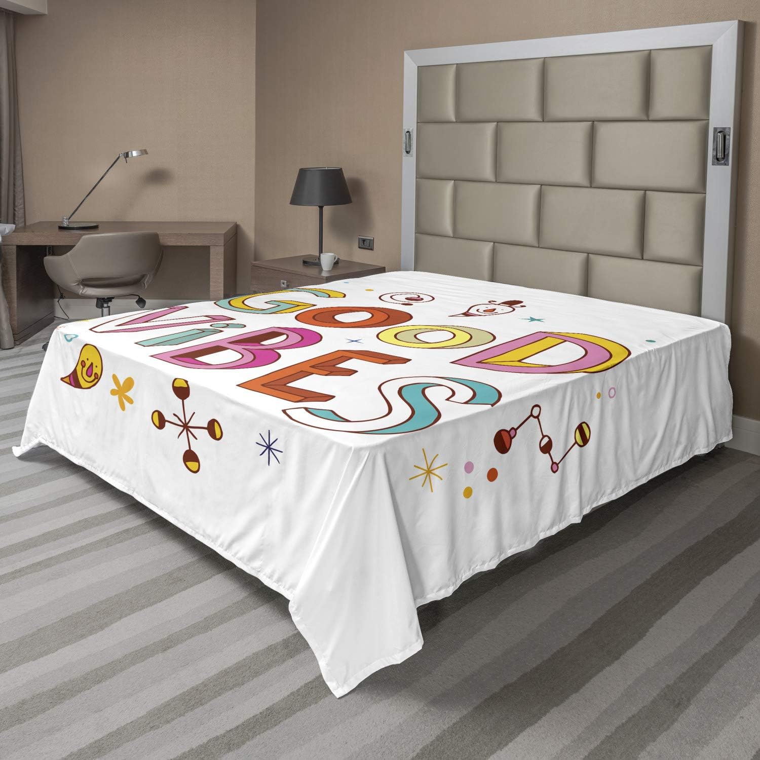 Ambesonne Chill Flat Sheet, Colorful Cheerful Fun Typography with Cartoon Style Elements Print, Soft Comfortable Top Sheet Decorative Bedding 1 Piece, Full Size, Multicolor