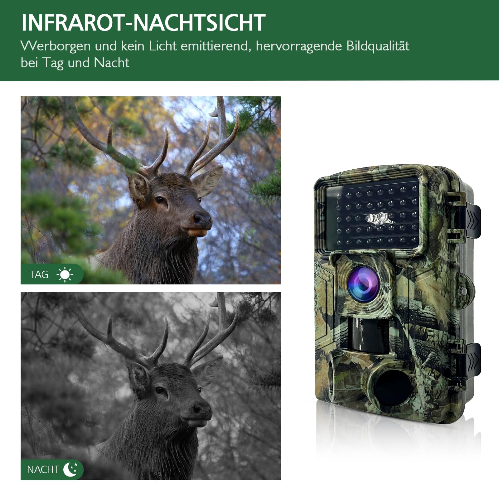 HAZA Wildkamera,2.7K Wildtierkamera,58MP Full HD wildkamera mit bewegungsmelder nachtsicht,beobachtungsmonitore mit 32G SD Karte,0,1s Auslösezeit,IP66 Wasserdicht,Timer,Zeitraffer,Tierkamera (2.7K)