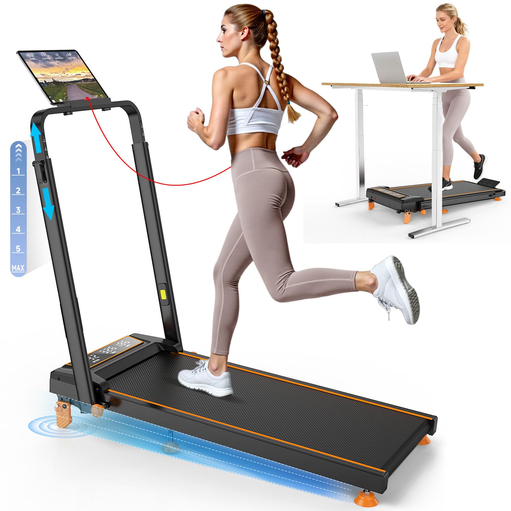 foldable treadmill with incline and led display under desk portable