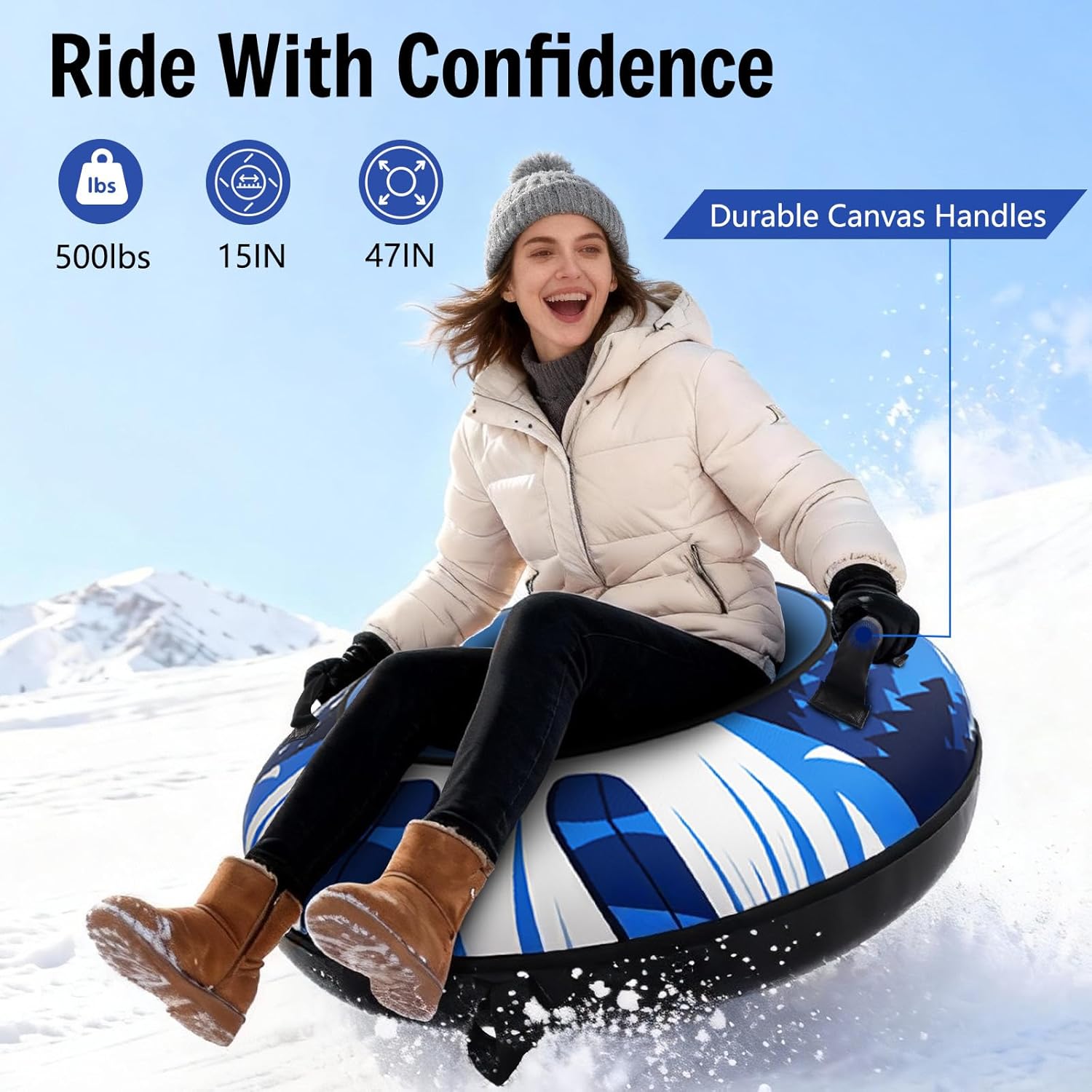 Snow Tube Sled with Premium Canvas Cover, Heavy Duty Snow Tubes for Sledding, 47" Inflatable Snow Sled for Kids & Adults, Towable Design with Reinforced Bottom Protection Layer, Winter Outdoor Fun