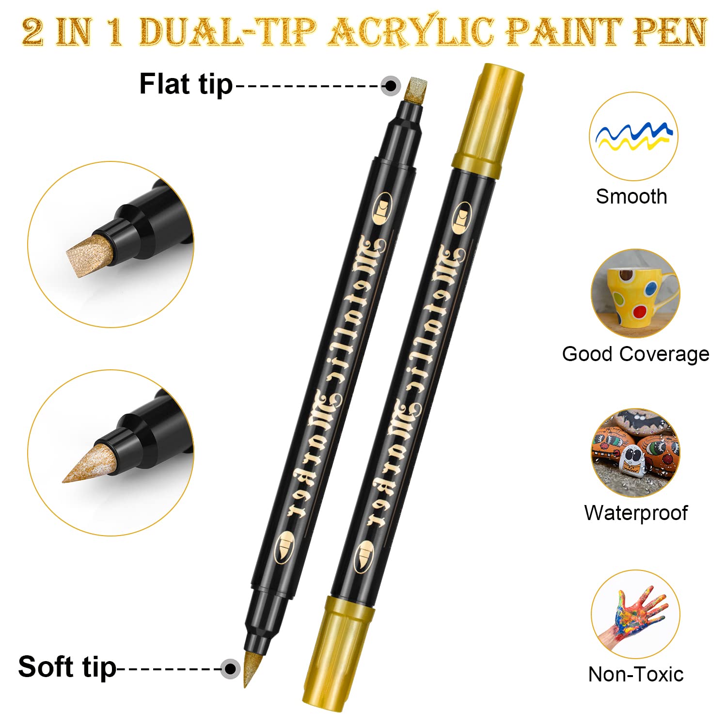 Arteza Acrylpennen metallic, set van 20 verschillende acrylmarkers met verwisselbare punten, metalen pennen voor stenen, canvas, glas, hout, keramiek en kunststof