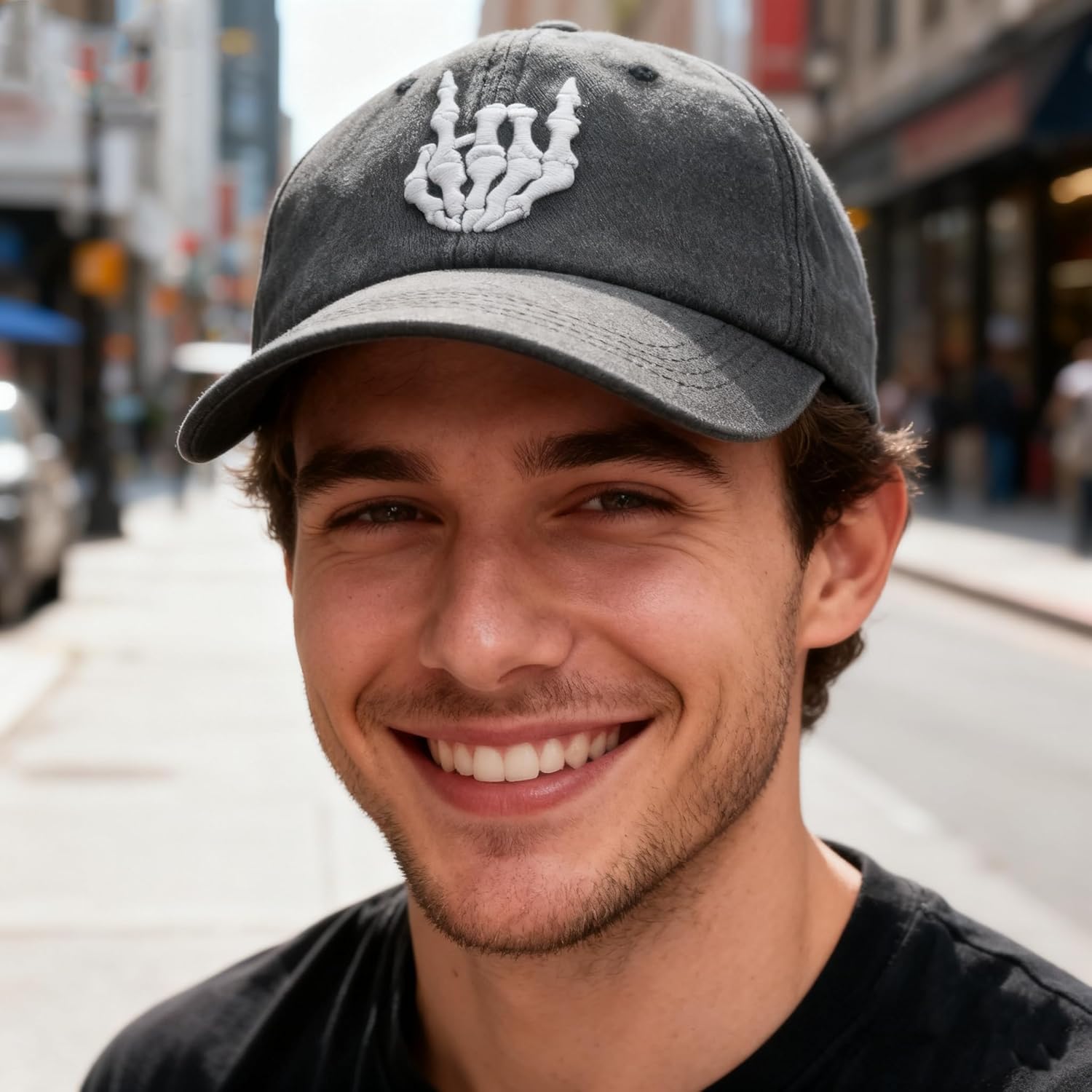 Rocking Skeleton Fingers Hand Hat, Embroidered Skull Adjustable Washed Denim Baseball Cap - Image 4