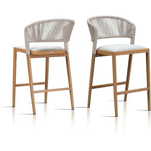 PURPLE LEAF Counter Height Bar Stool Set of 2 Outdoor Counter Stool with Footrest Patio Bar Height Stools Wicker Barstools for Kitchen Teak