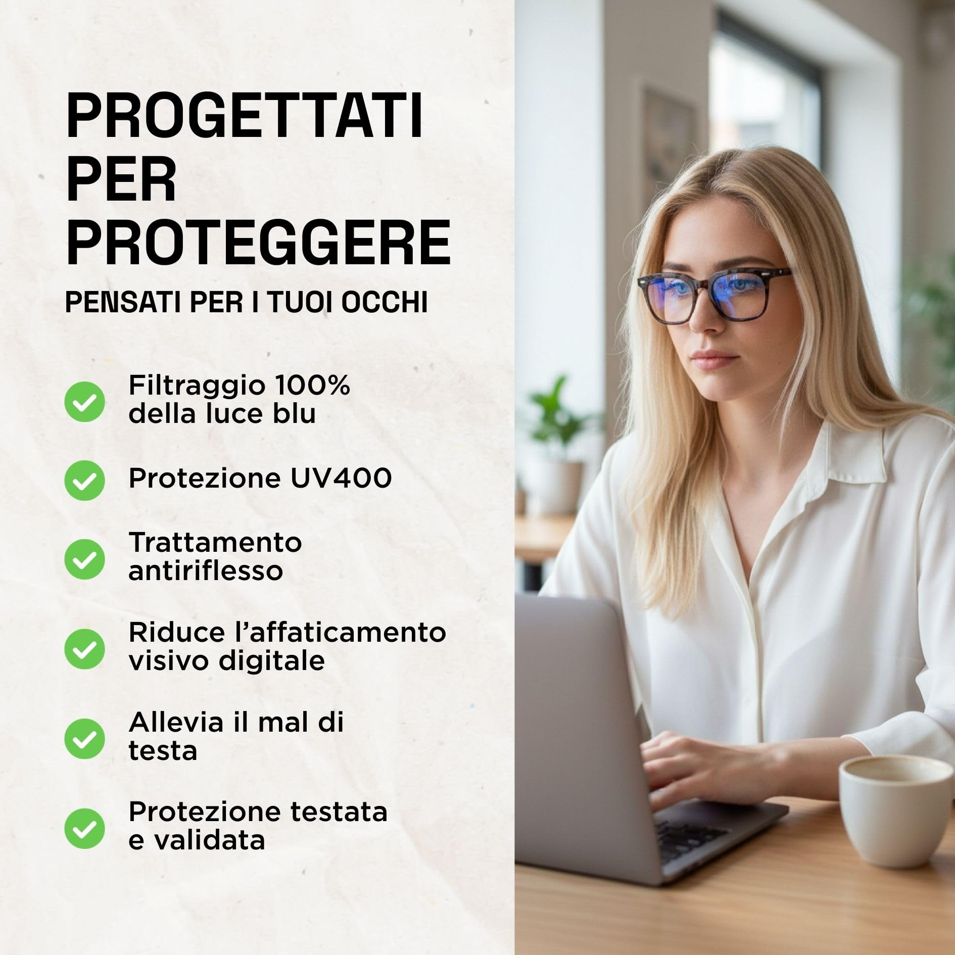 Horus X • Occhiali Luce Blu Donna | Eleganti Occhiali Anti Luce Blu 100% Filtranti | Occhiali per Computer Anti-Affaticamento & Anti-Stress Visivo da Schermo