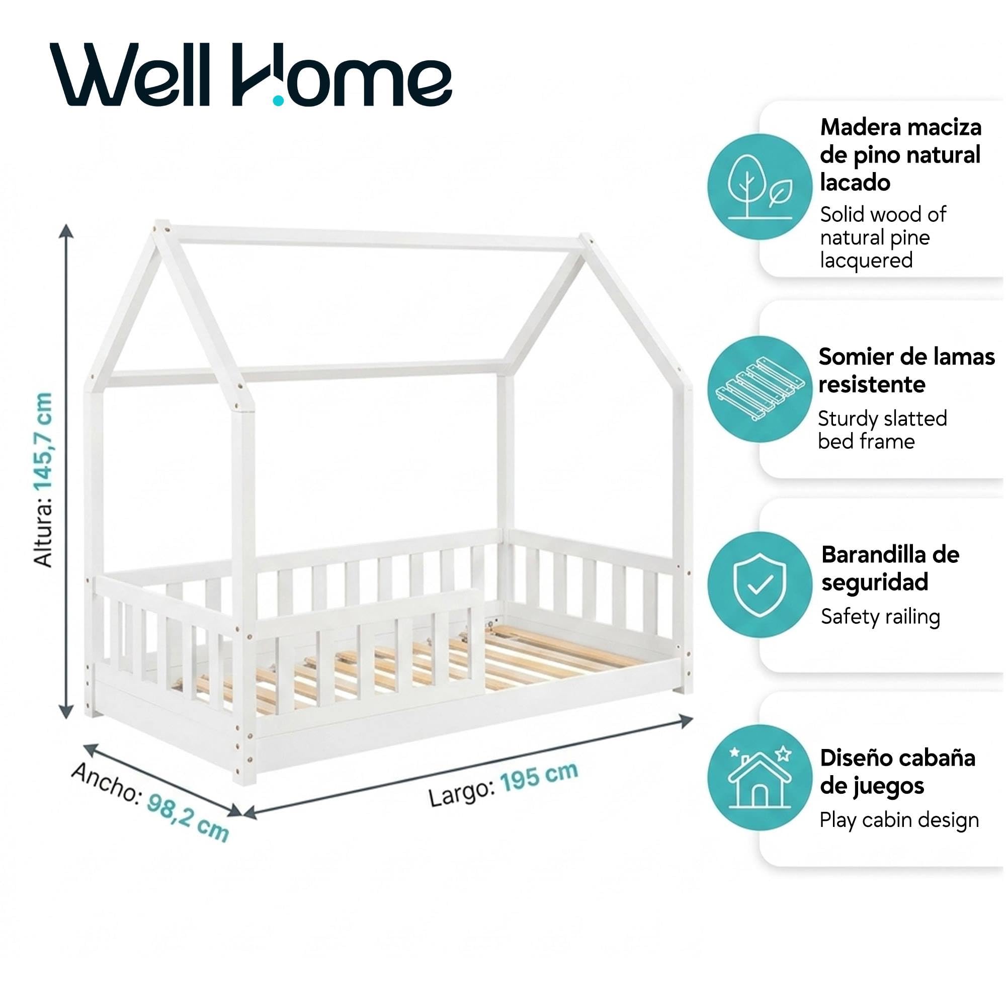 Well Home MOBILIARIO & DECORACIÓN Habitación Infantil: Cama Infantil Modelo cabaña de Pino lacada en Blanco 90x190cm