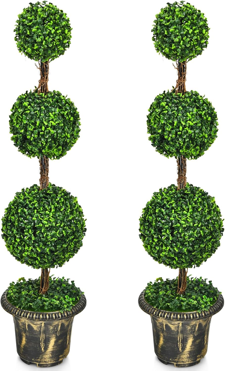 4ft Topiary Trees Artificial Outdoor/Indoor, Faux Plants Shrub Bushes w/Cement-Filled Retro Pot, Fake Triple Ball Boxwood Topiary Set of 2 for Home, Office, Porch, Front Door, Entrance