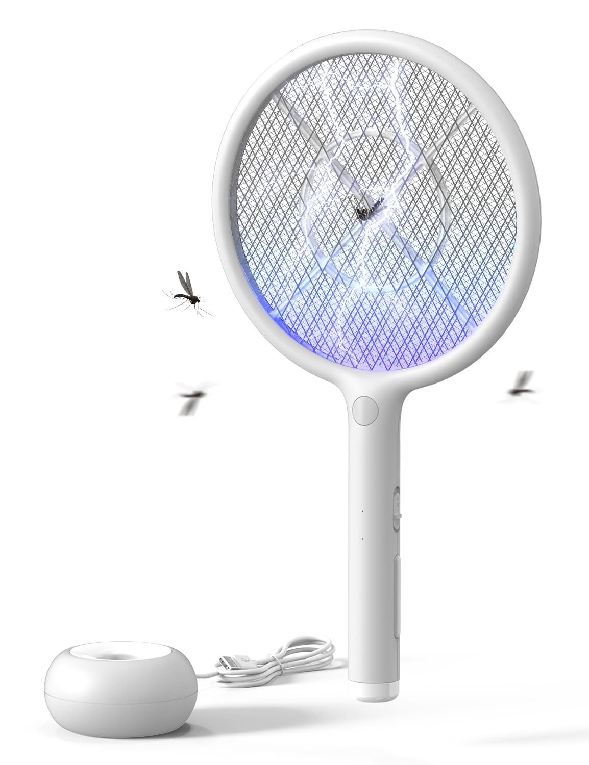 AROEVE Electric Fly Swatter, 2-in-1 Fly Swatter, 4000V, USB Charging Base, 1200mAh Rechargeable Battery, Auto Latch Mode, LED Light, Triple Protective Net, for Indoor/Outdoor, White