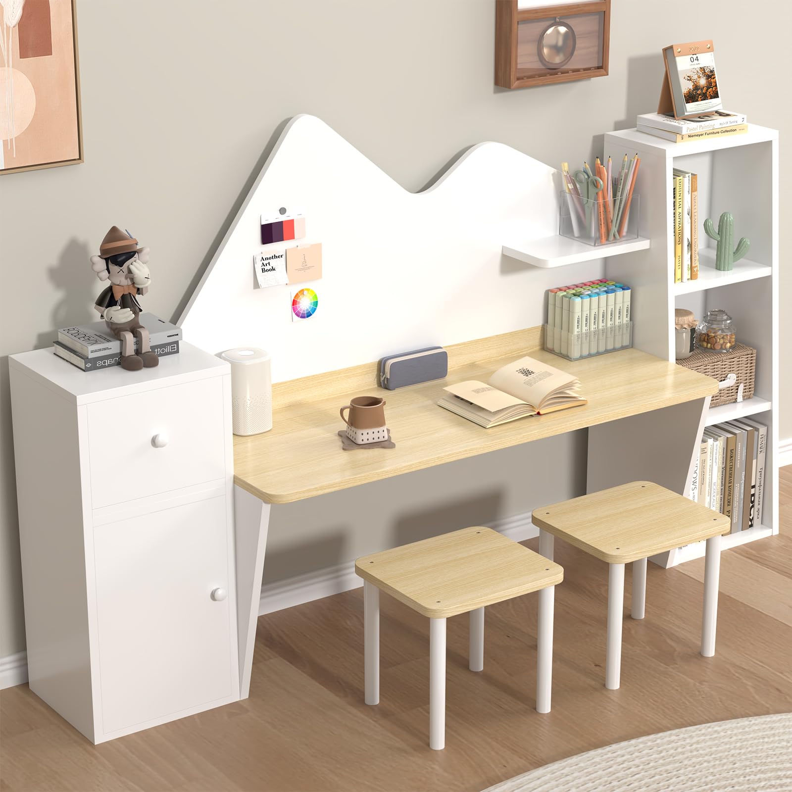 NKUGCFC Wooden Kids Study Desk with Bookshelves and 2 Stools,Kids Desk and Chair Set with Drawer and 4 Storage Cabinets for Ages 3-8,Boys & Girls