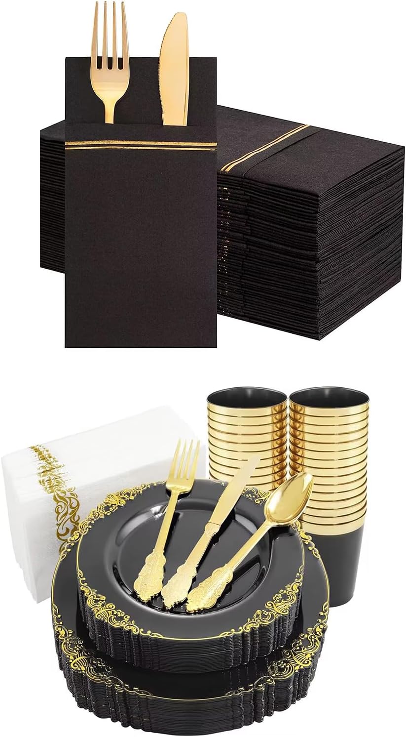 Nervure 175PCS Clear Black Plastic Plates & 100PCS Black Paper Napkins with Built-in Flatware Pocket for Party & Wedding & Dinner & New Year
