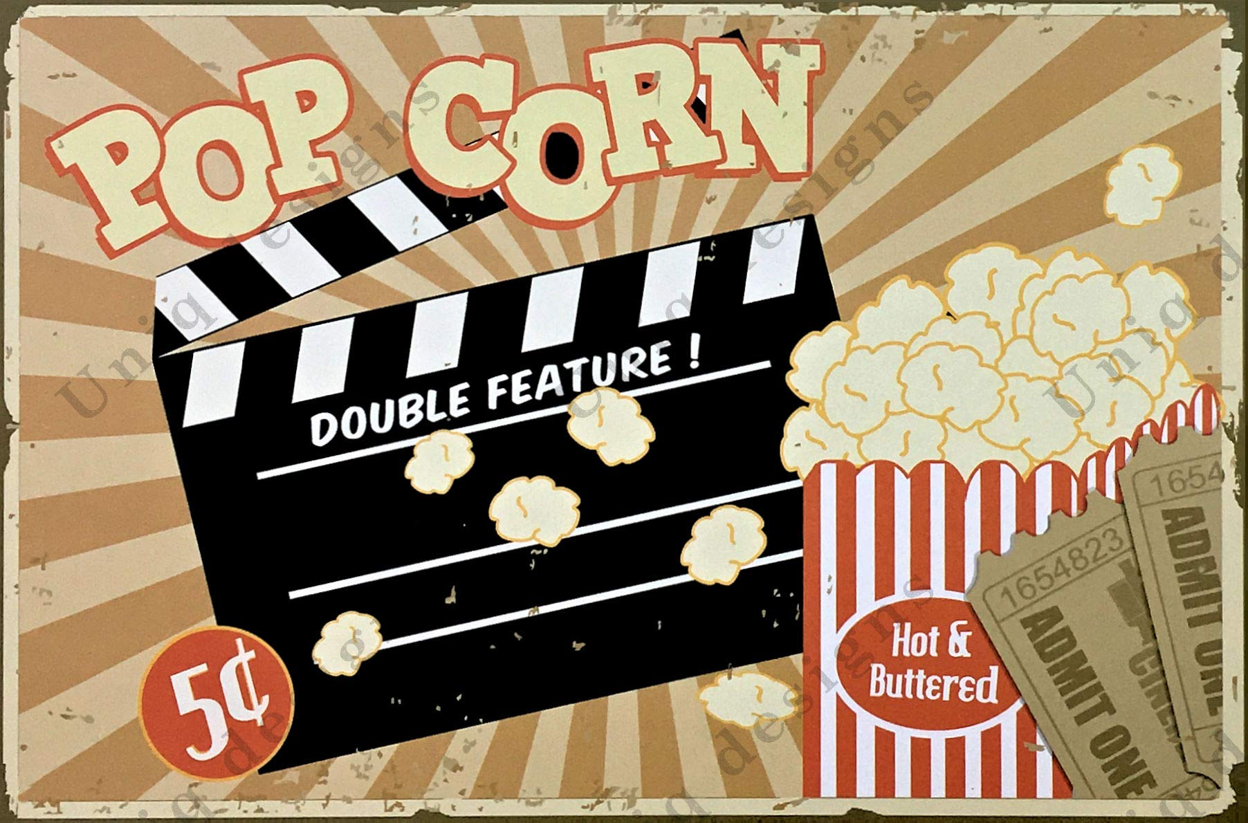 POPCORN Cinema Decor Media Room Decor Tin Signs Theater Sign - Movie Room Decor Accessories - Film Decor - Home Movie Theater Decor - Movie Reel Wall Decor - Vintage Movie Decor 8x12