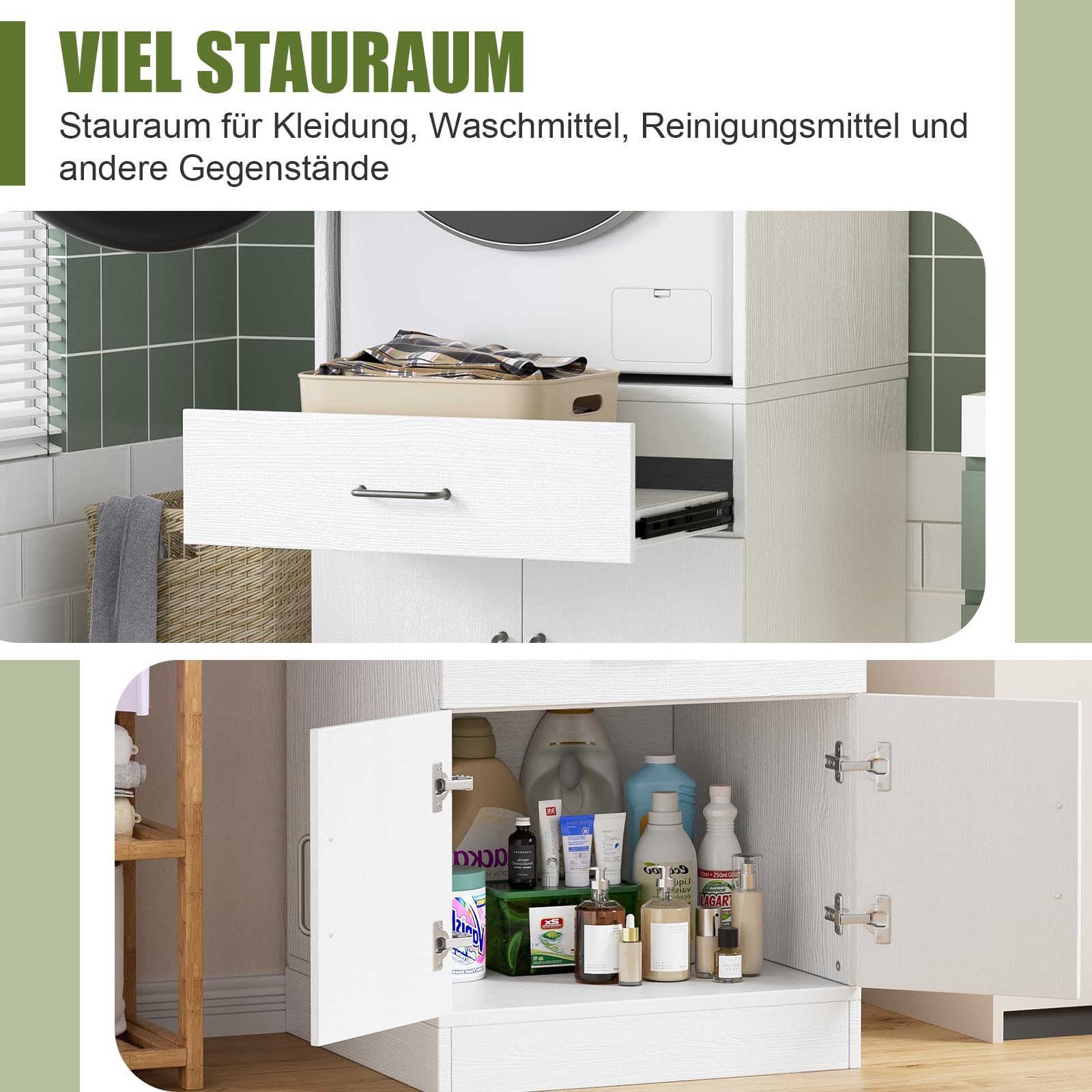 Unterschrank für Waschmaschine mit Regalbrett Waschmaschinenschrank mit viel Stauraum Waschmaschinenumbauschrank geeignet für Waschmaschine oder Wäschetrockner Tragfähigkeit 100KG 162 x 68 x 66CM Weiß