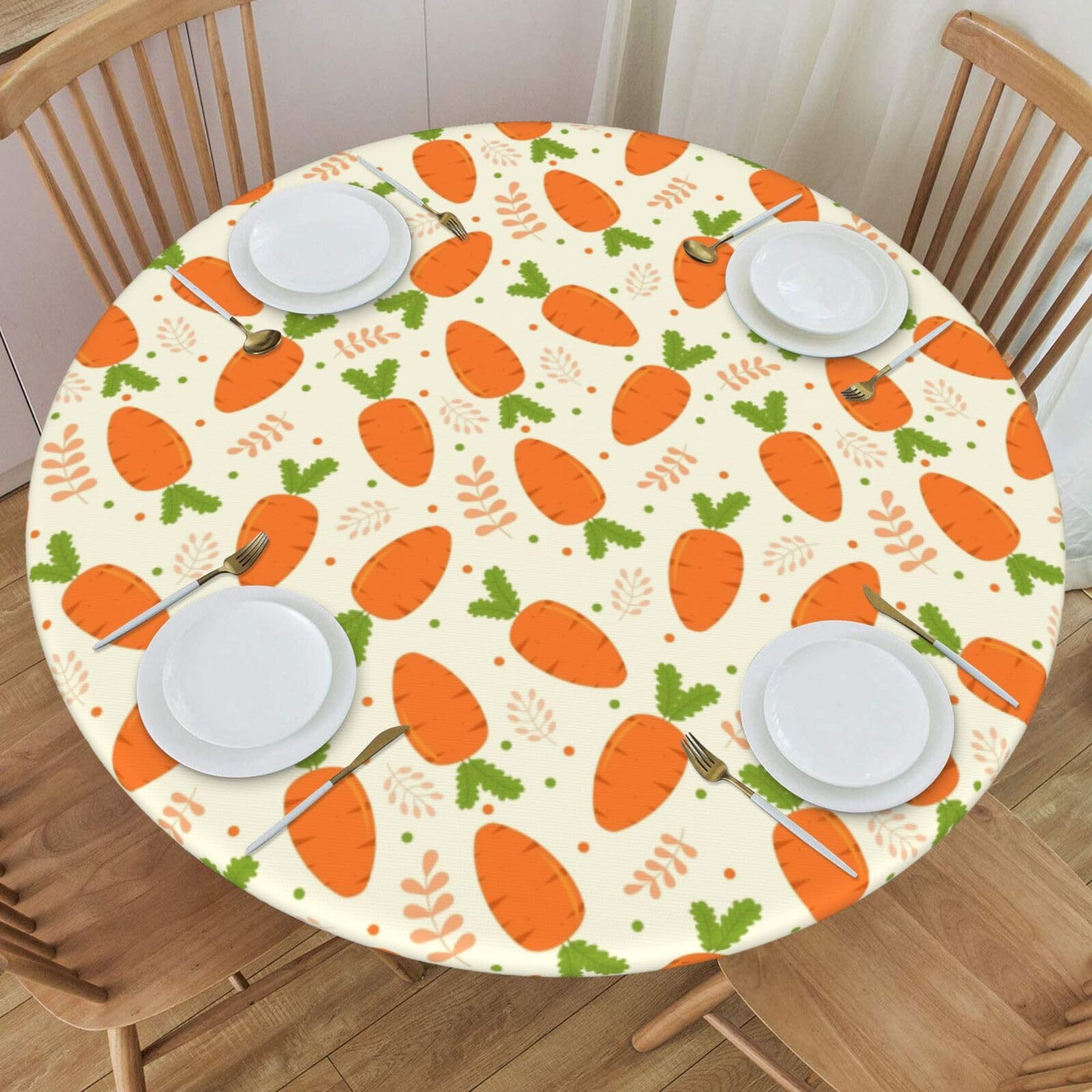 Delerain Cartoon Carrot Round Fitted Tablecloth, Waterproof Round Table Cloth with Elastic Edged Washable Table Cover for Indoor Outdoor Fits 40