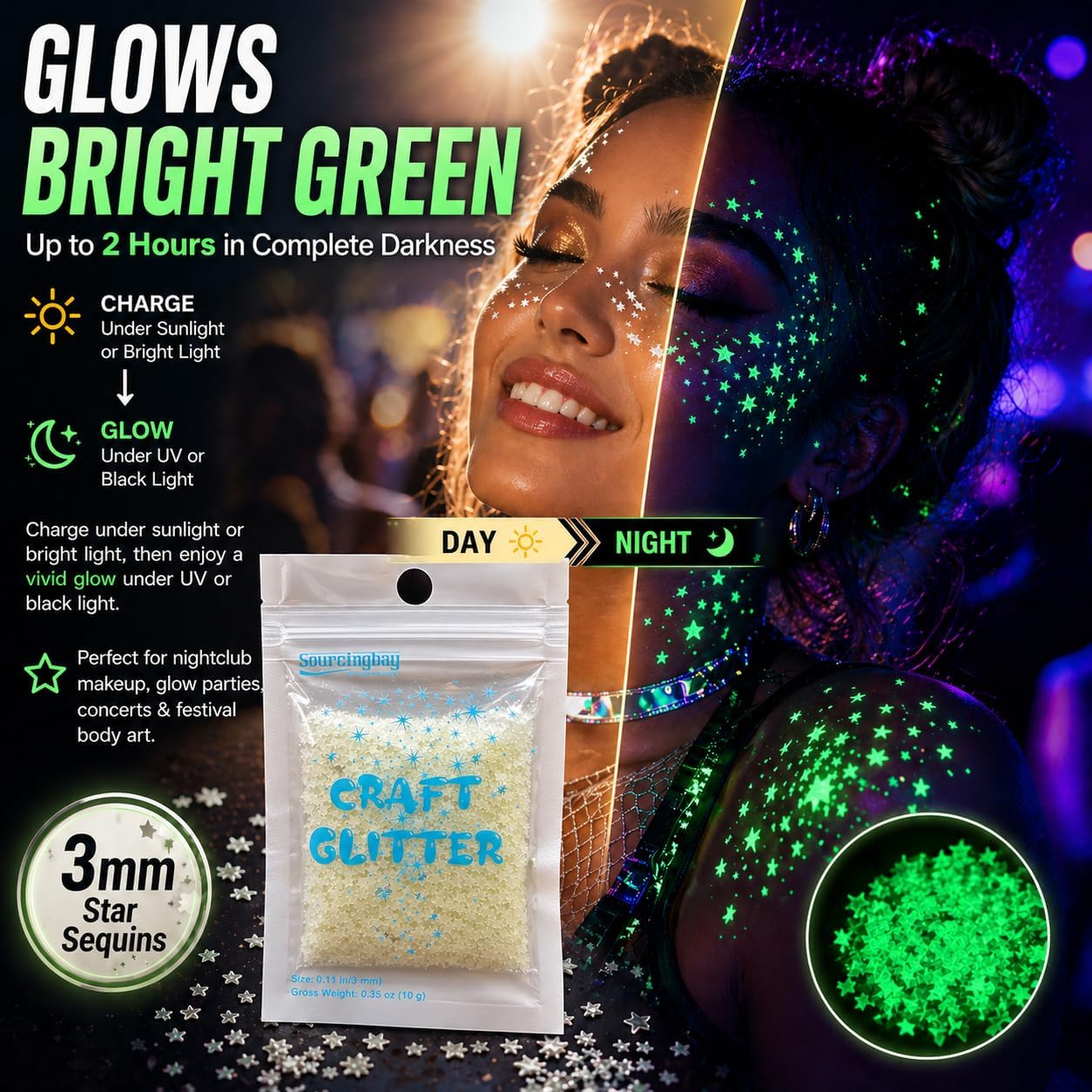 Sourcingbay Glow in The Dark Star Glitter | 3mm Luminous Sequins for Nail Art, Slime, Resin Craft & Party Decor | 0.35oz Natural Color | PVC Non-Toxic Phosphor Coating