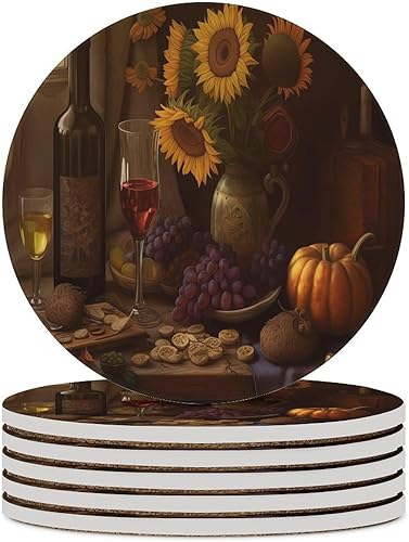 Miniatura 38 de Round-4 posavasos de cerámica para vino tinto, posavasos redondos absorbentes para bebidas, estilo vintage de madera, vino tinto, uvas, frutas y