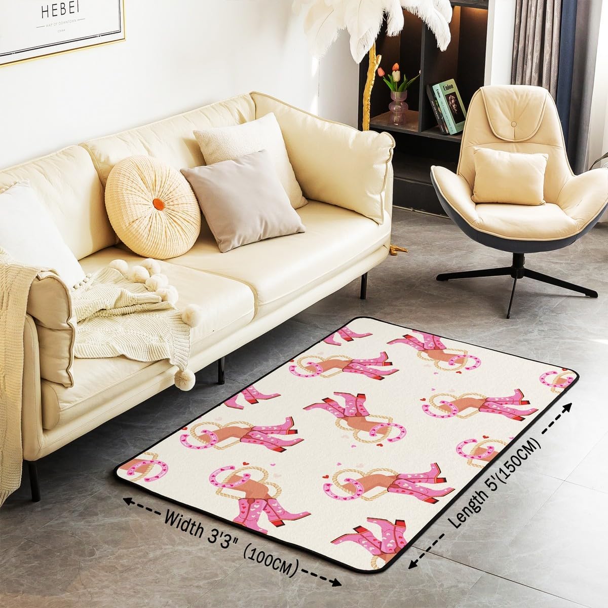 Manfei Cowgirl Kids Area Rug Pink Cowboy Boots Horseshoe Floor Mats Rugs for Girls Princess, Wild West American Decorative Rug for Living Room, Absorbent Carpets, 5'x6'6''