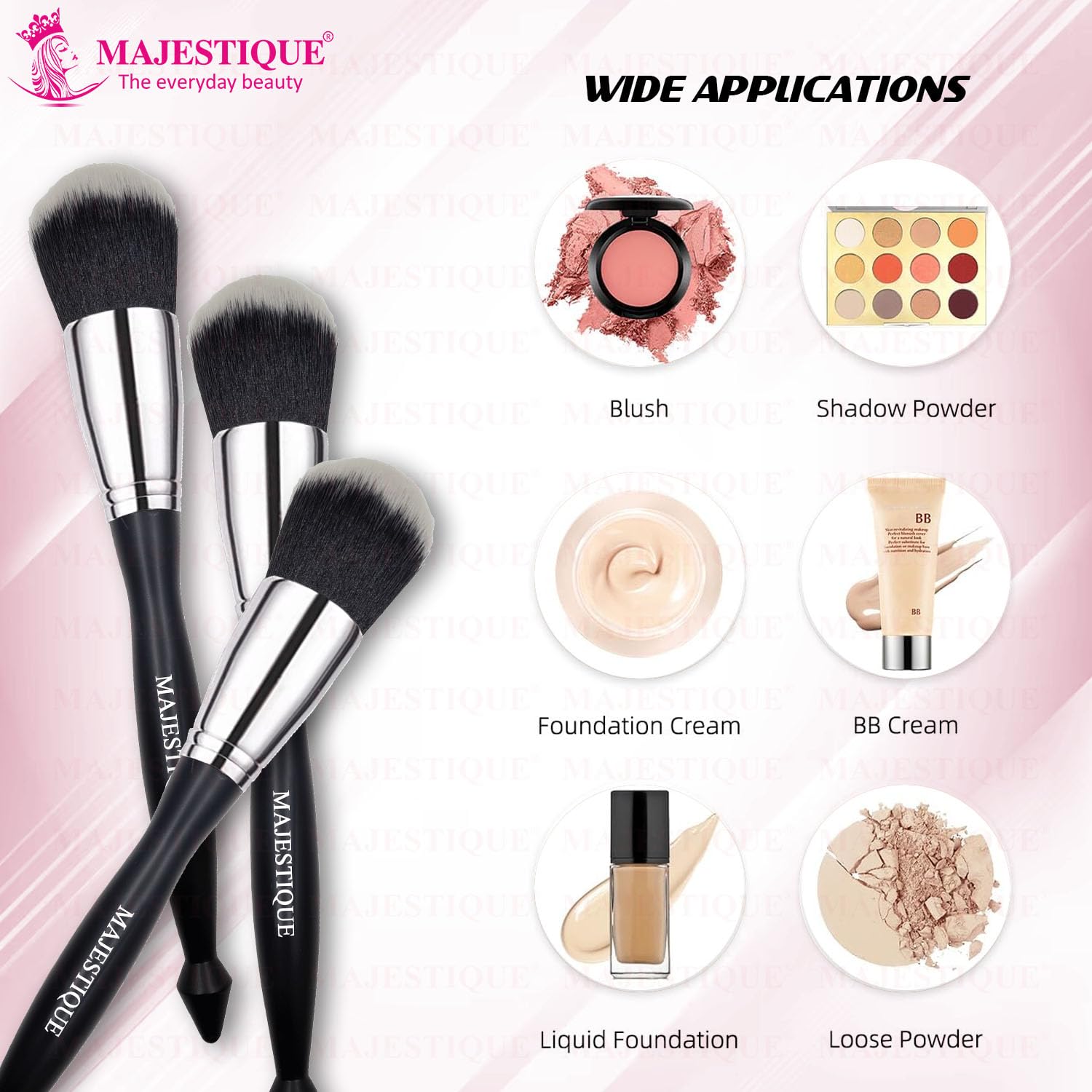 Majestique Makeup Powder Brush for Women Girls – Soft Dense Synthetic Bristles for Blending, Contouring & Buffing | For Liquid, Cream & Powder Makeup | Vegan & Cruelty-Free – Black Silver 3