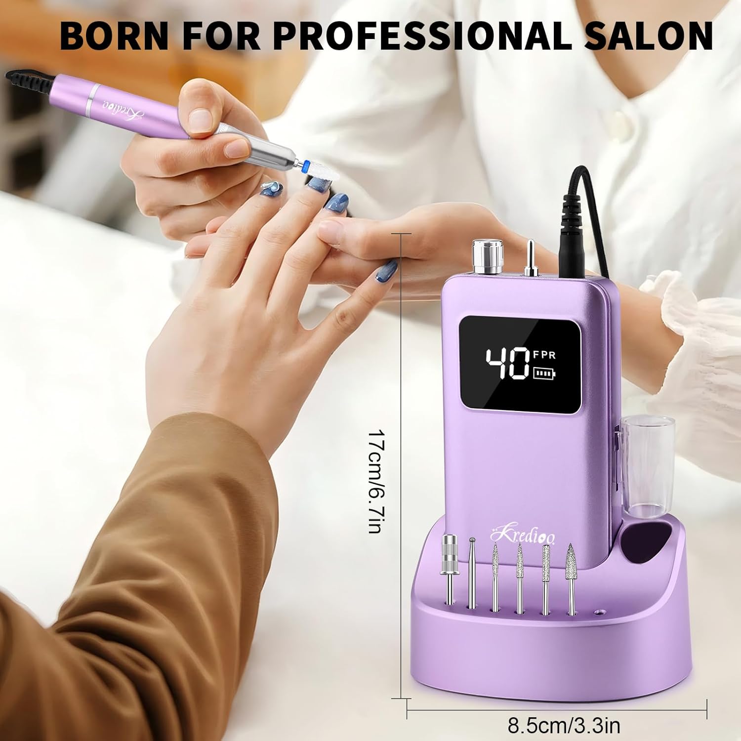Kredioo Professional Nail Drill Brushless 40,000RPM Rechargeable 2-in-1 Portable Electric Nail File Ultra Silent Salon Must Haves Nail Tool Kit Removing Acylic Gels-Purple - Image 9
