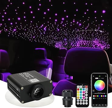 AMKI Updated 16W Star Light Headliner Kit 650pcs 0.04inch 10ft Twinkle + Music Mode Mix App Remote Sound Control Car Home RGBW Fiber Optic Light Star Ceiling Light Kit