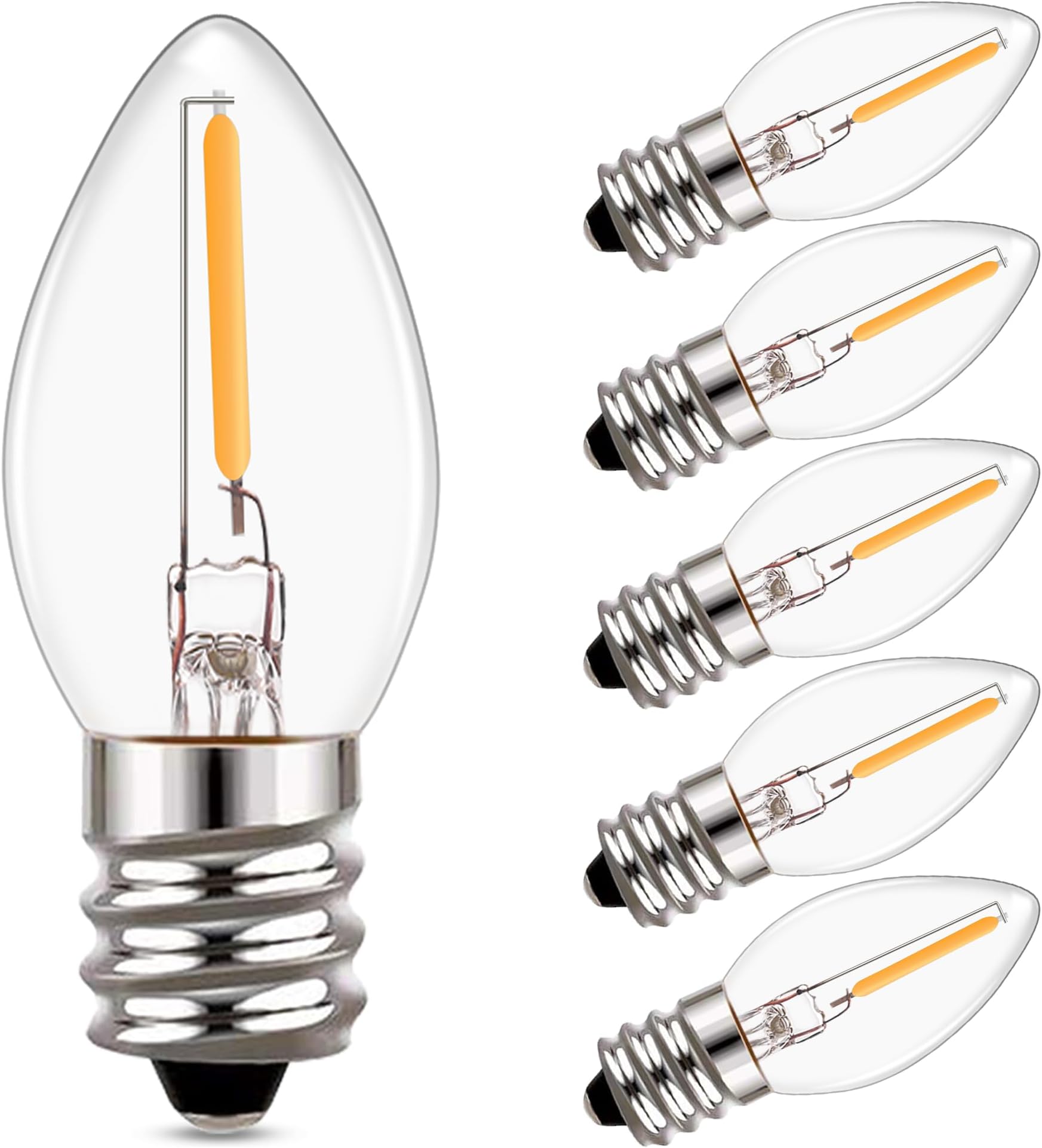 C7 LED Bulbs,0.5 Watts Filament Night Light Bulb Edison Style Sign Light E12 Candelabra Base Lamp Clear Glass 4W 5W 6W 7 Watts Equal Candle Bulbs Warm White 2700K for String Lights Pack of 6