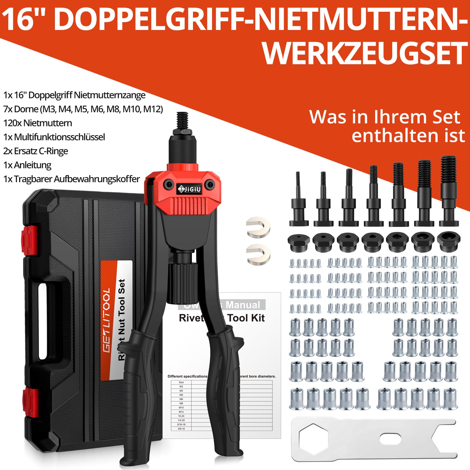 GETLITOOL Nietmutternzange Set, 40cm Nietzange inkl. 120 Nietmuttern, M3-M12 Dorne, Gewindenieten Zange Set für Kfz-Reparatur Metall Holz Möbel, Rutschfest Griff Einnietmutternzange mit Tragekoffer
