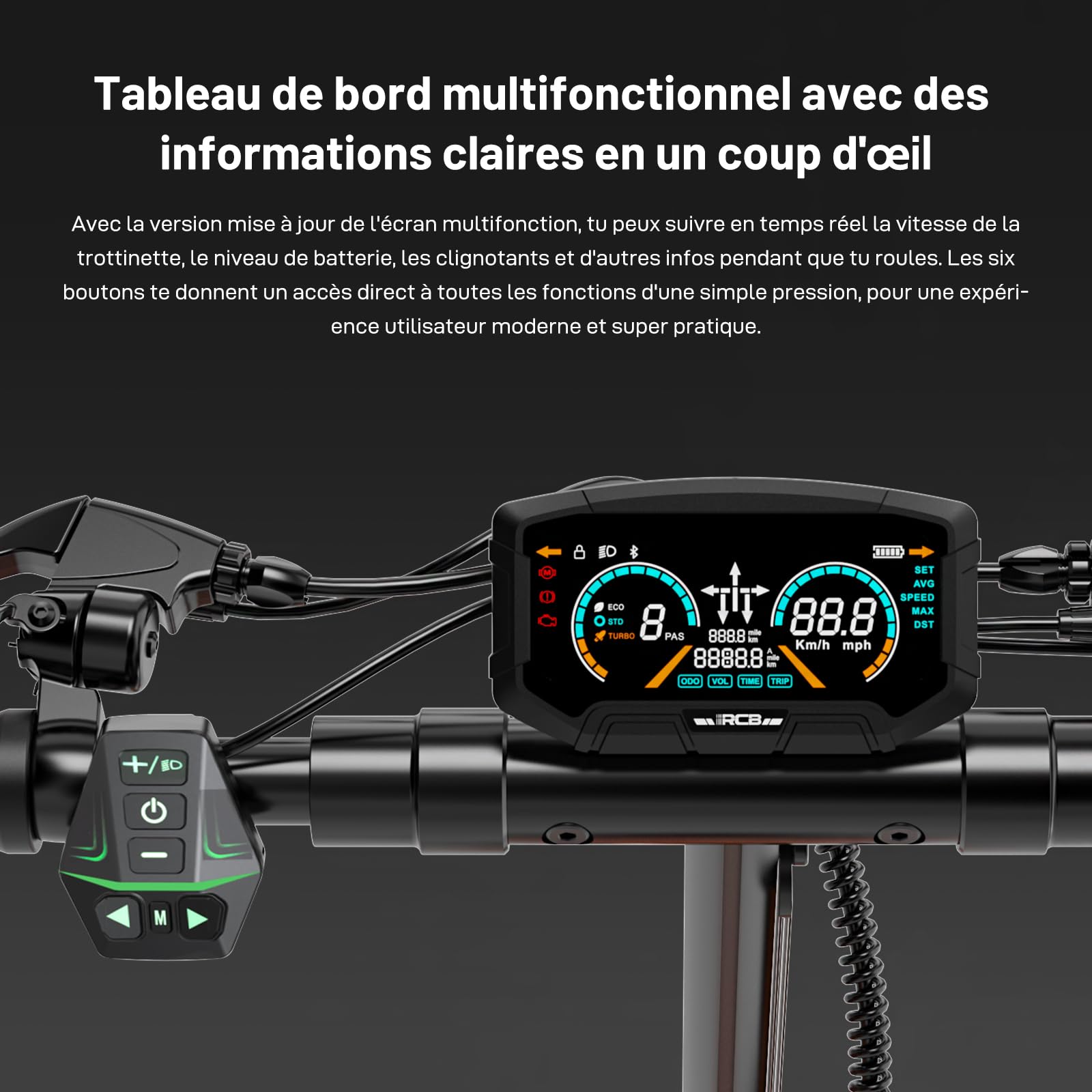 RCB D7/D7 Pro (Ultra) Trottinette Électrique Adulte,NFC/Clignotants/APP, Pente 26%, Moteur 500W Pic 1600W, Autonomie 80-130KM, Batterie 20.8-27Ah, Pneus Gel Auto-Réparants 10 Pouces