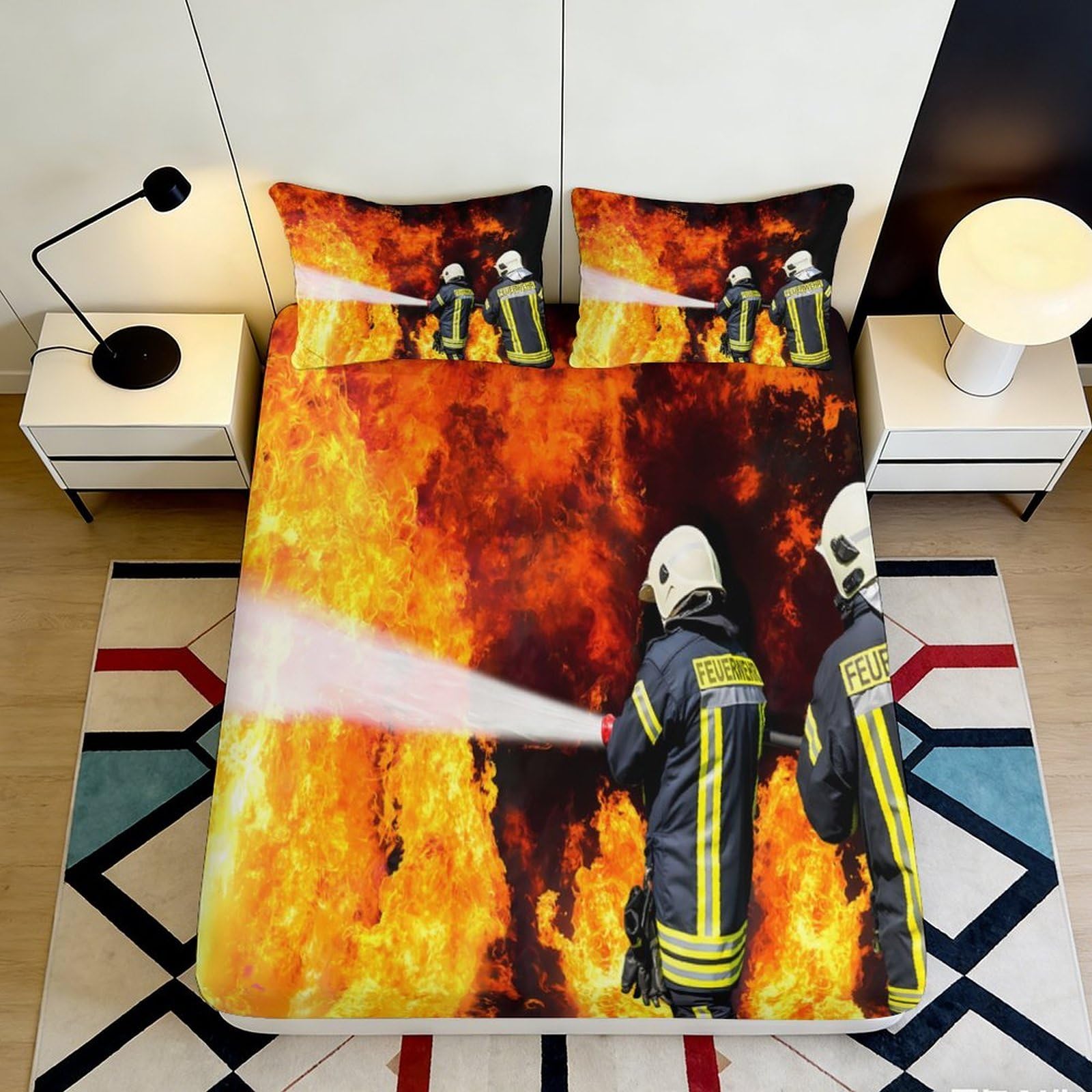 3D Printed Firefighter Scene Fitted Sheet Microfiber Flame Action Bed Cover for Bedroom Guest Room Decor 90x200x25cm