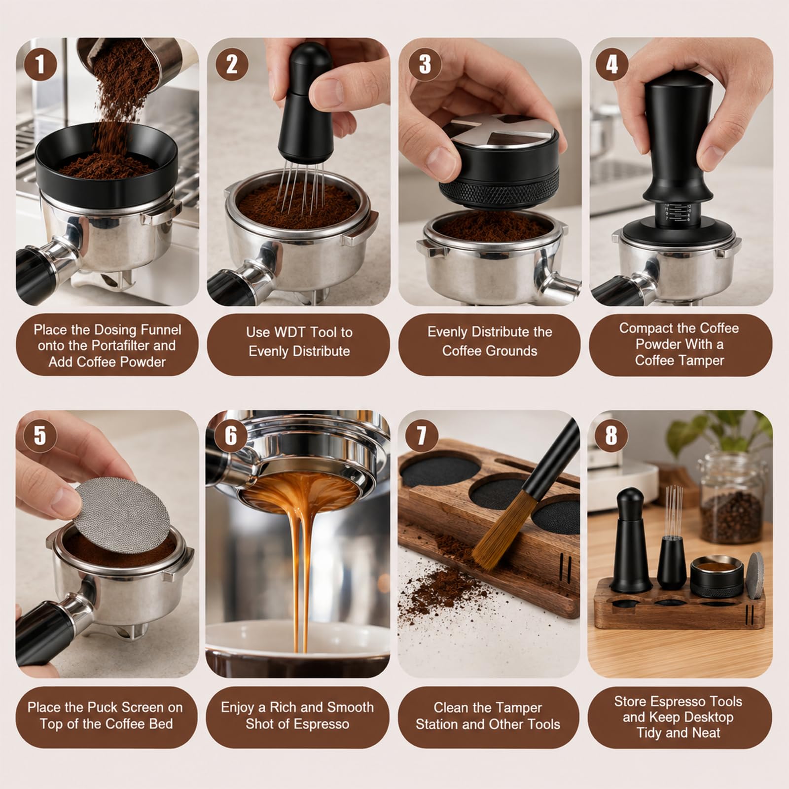 Set 7 Accesorios para Espresso, 58mm con Base de Madera, De Tamping, Herramienta WDT, Anillo Dosificador Magnético, Filtro y Cepillo