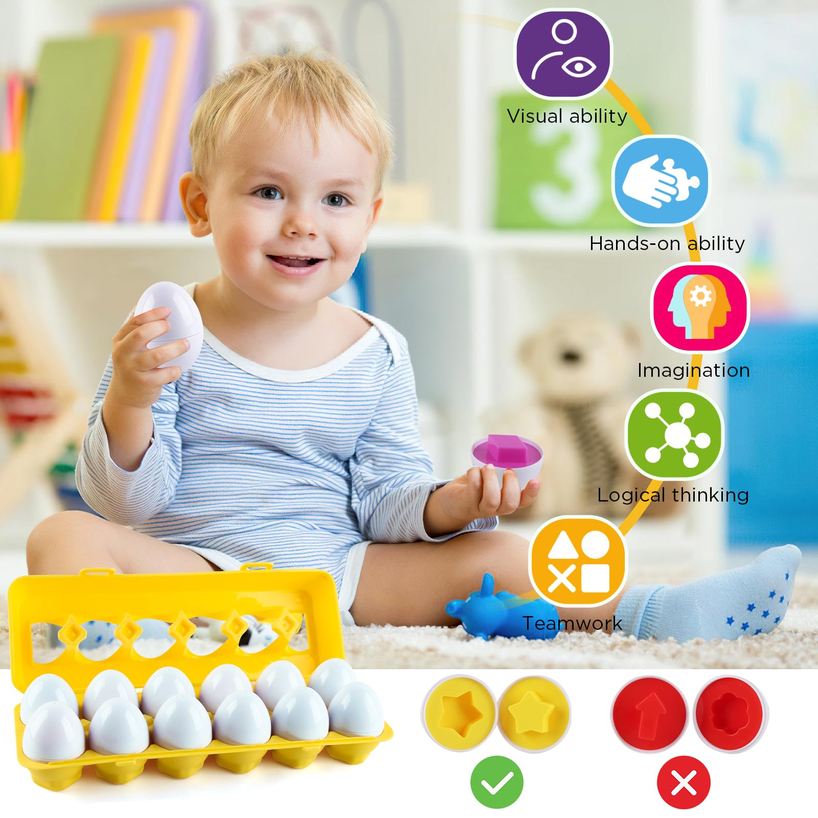 Dellyy Spiel-Eier Set – Montessori Lernspielzeug Für Farben & Formen | 12 Bunte Eier Zum Zusammenstecken | Geschenk Zu Ostern & Geburtstag