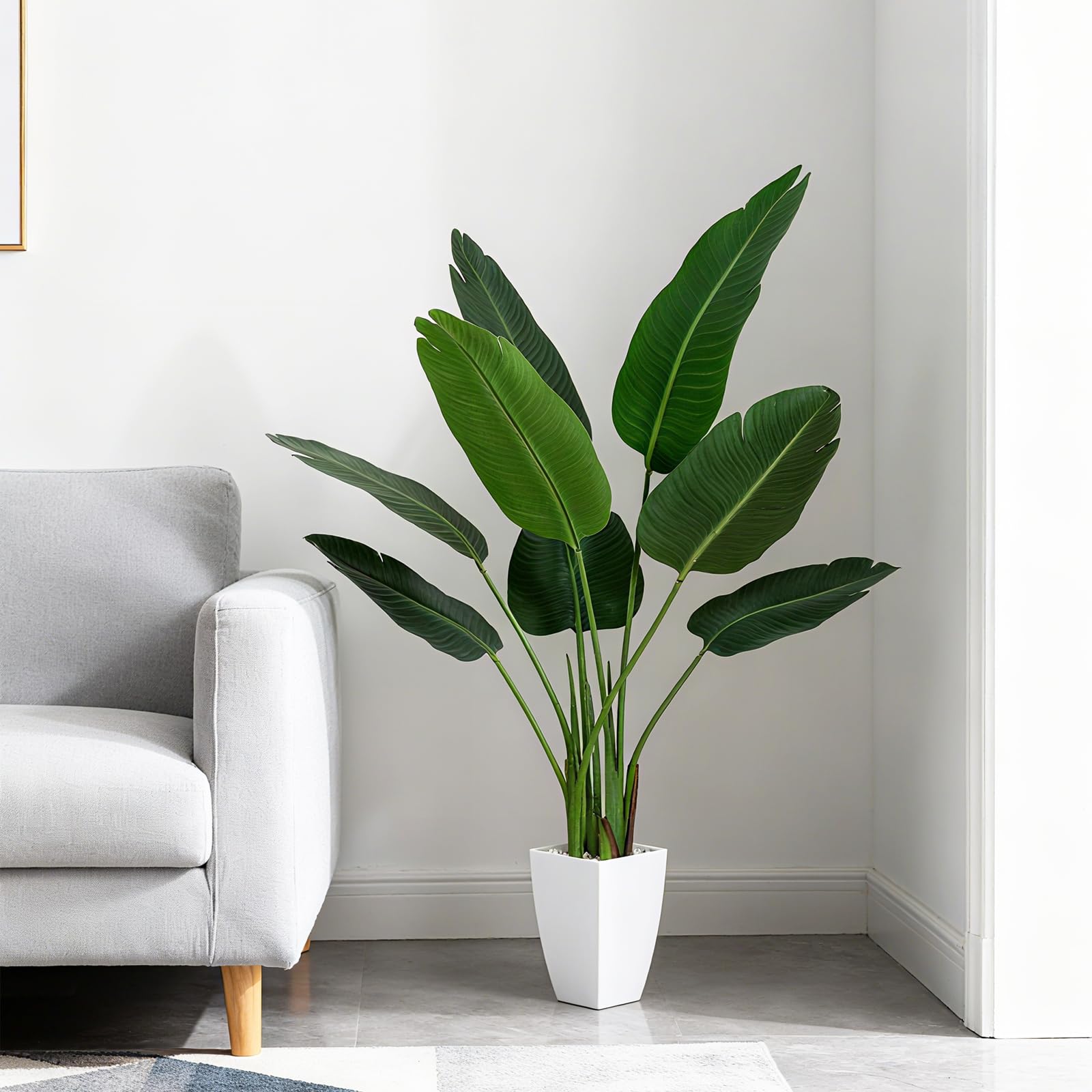 Artificial Bird of Paradise Plant, 4Ft Fake Floor Plants with White Taper Planter, Fake Palm Tree for Indoor Home Decor Office Living Room, Set of 1