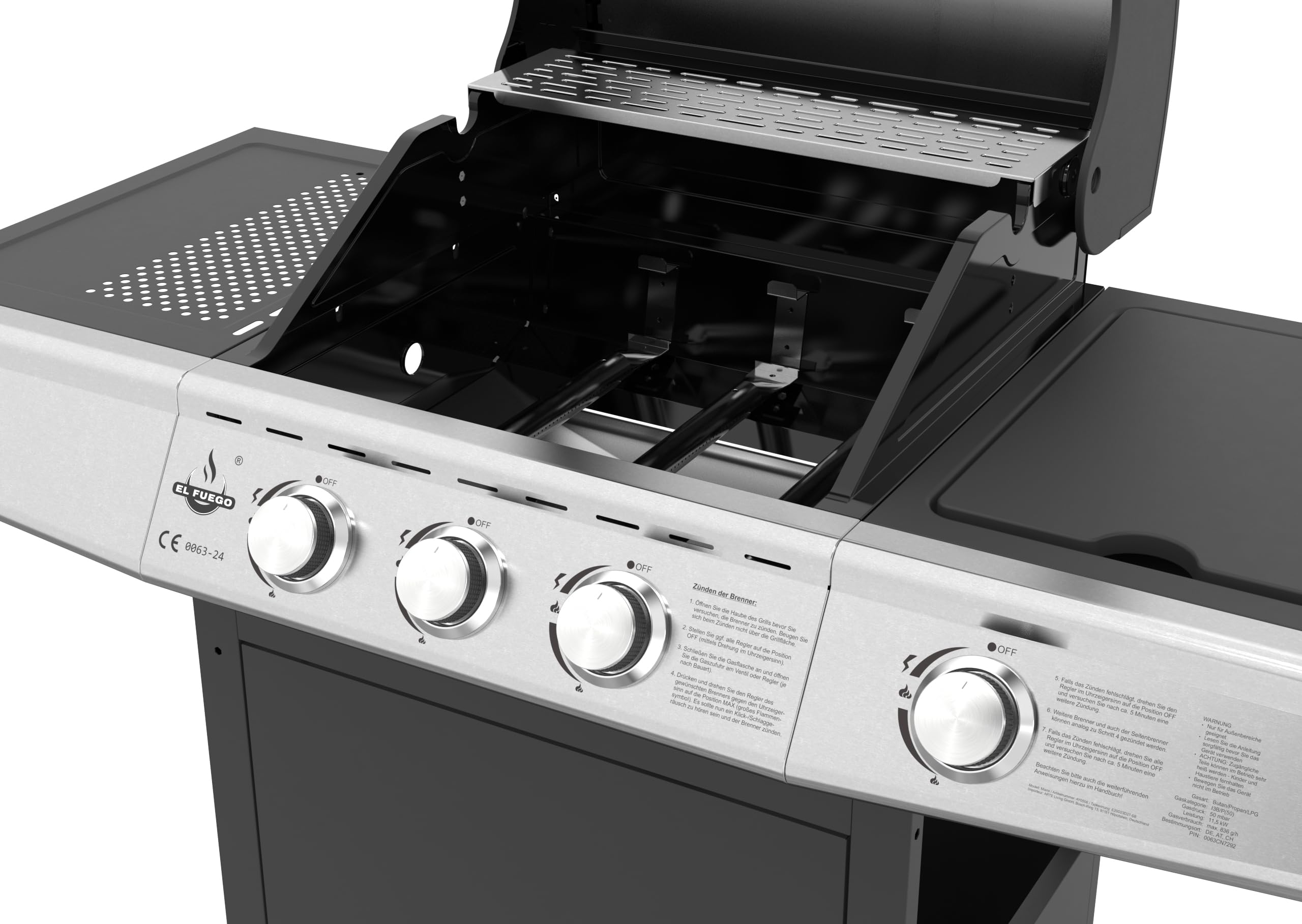 Grill gazowy "MIAMI" firmy El Fuego® 3 główne palniki + 1 palnik boczny | palnik ze stali nierdzewnej | w zestawie wąż gazowy i reduktor ciśnienia | grill wędzarniczy BBQ | AY 506